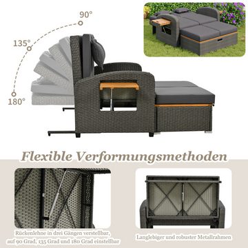 Tongtong Gartenlounge-Sessel Garten-Lounge-Sessel-Set für 2 Personen, graues Rattan (mit Rückenkissen und Sitzkissen), mit Fußhocker oder als Outdoor-Bett nutzbar