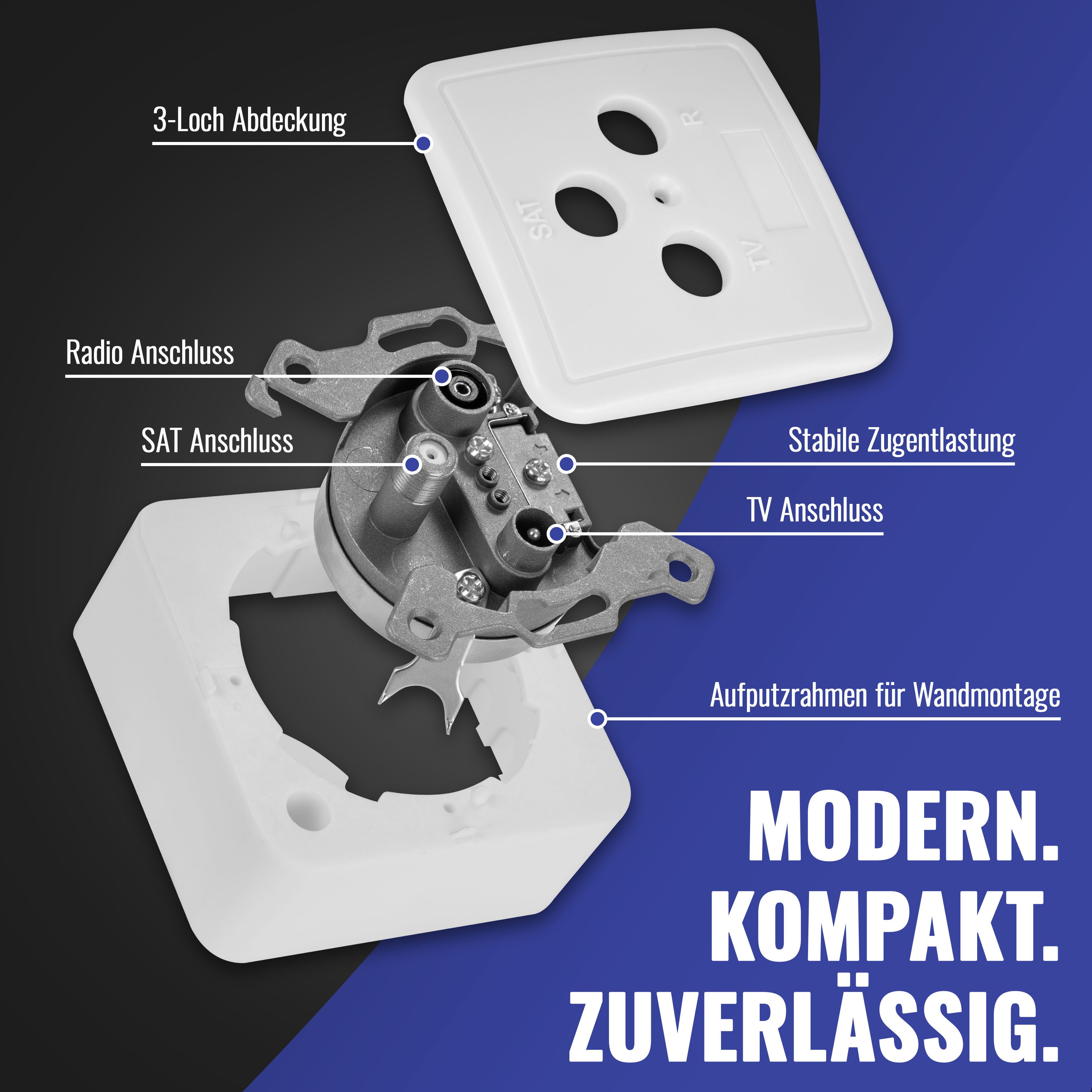 Poppstar Antennensteckdose Antennendose für SAT, TV und Kabel Anschluss (digital/analog), 1x SAT Dose (3-Loch), Enddose Aufputz-/Unterputz-geeignet – Bild 3 von 5