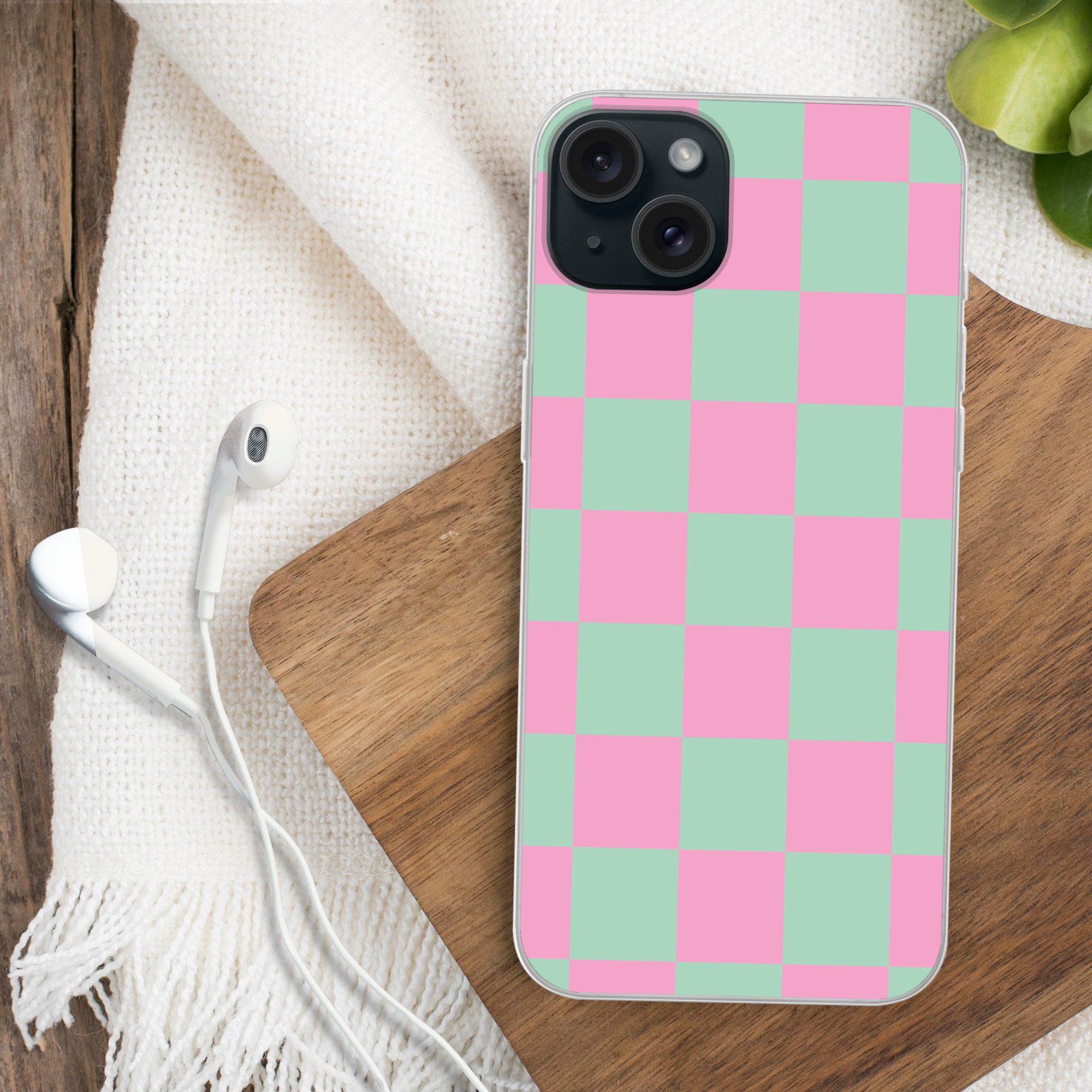 MuchoWow Handyhülle für Apple iPhone 15 Plus Schachbrettmuster - Grün - Rosa - Würfel, Smartphone-Bumper, Print, Handy Schutzhülle Dünn