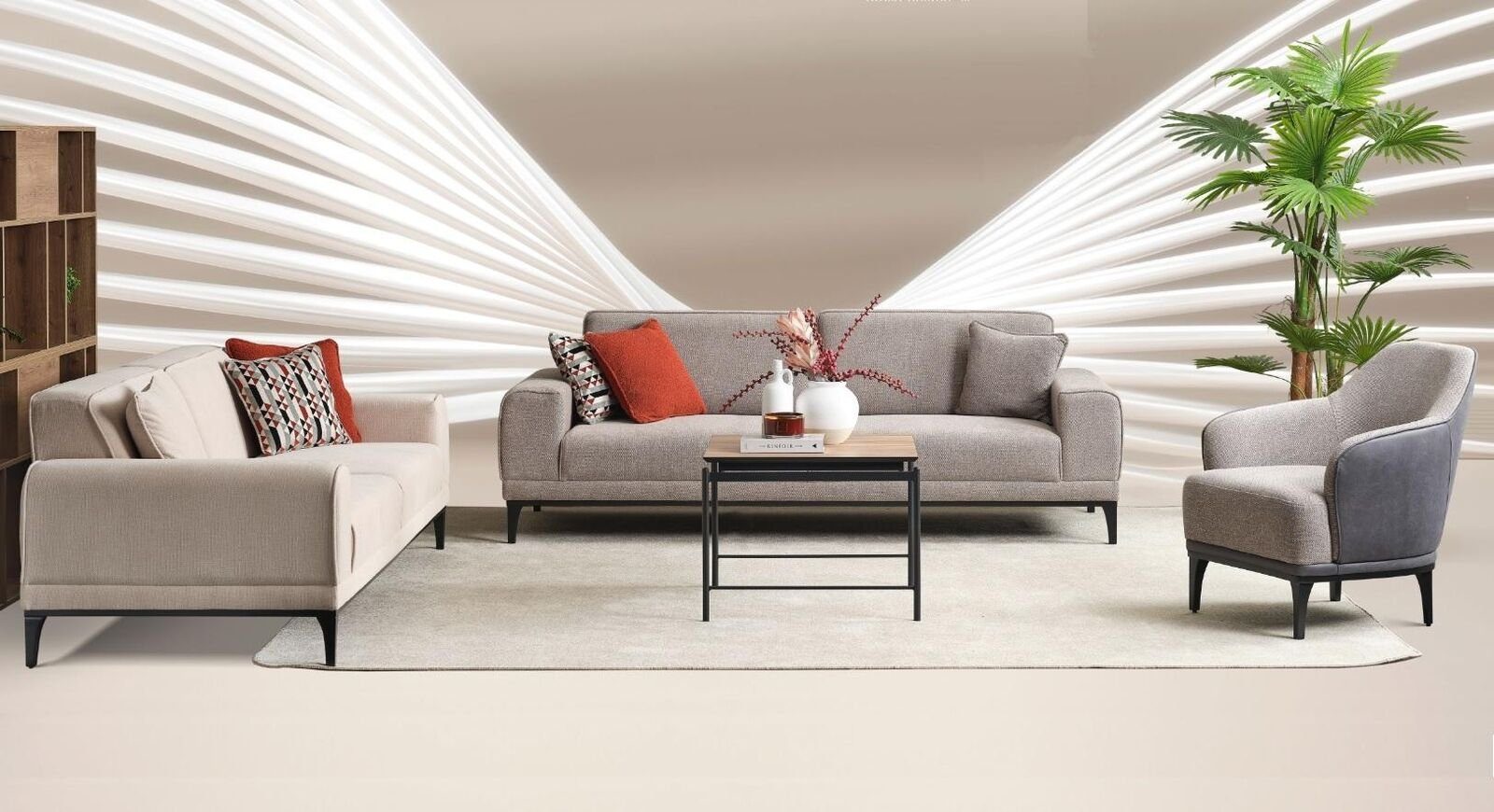Sofa, Einsitzer Set, Dreisitzer Sessel Stoff Made Sofagarnitur JVmoebel in Sessel), (3-St., Europa Grau Wohnzimmer-Set Sofa 2x