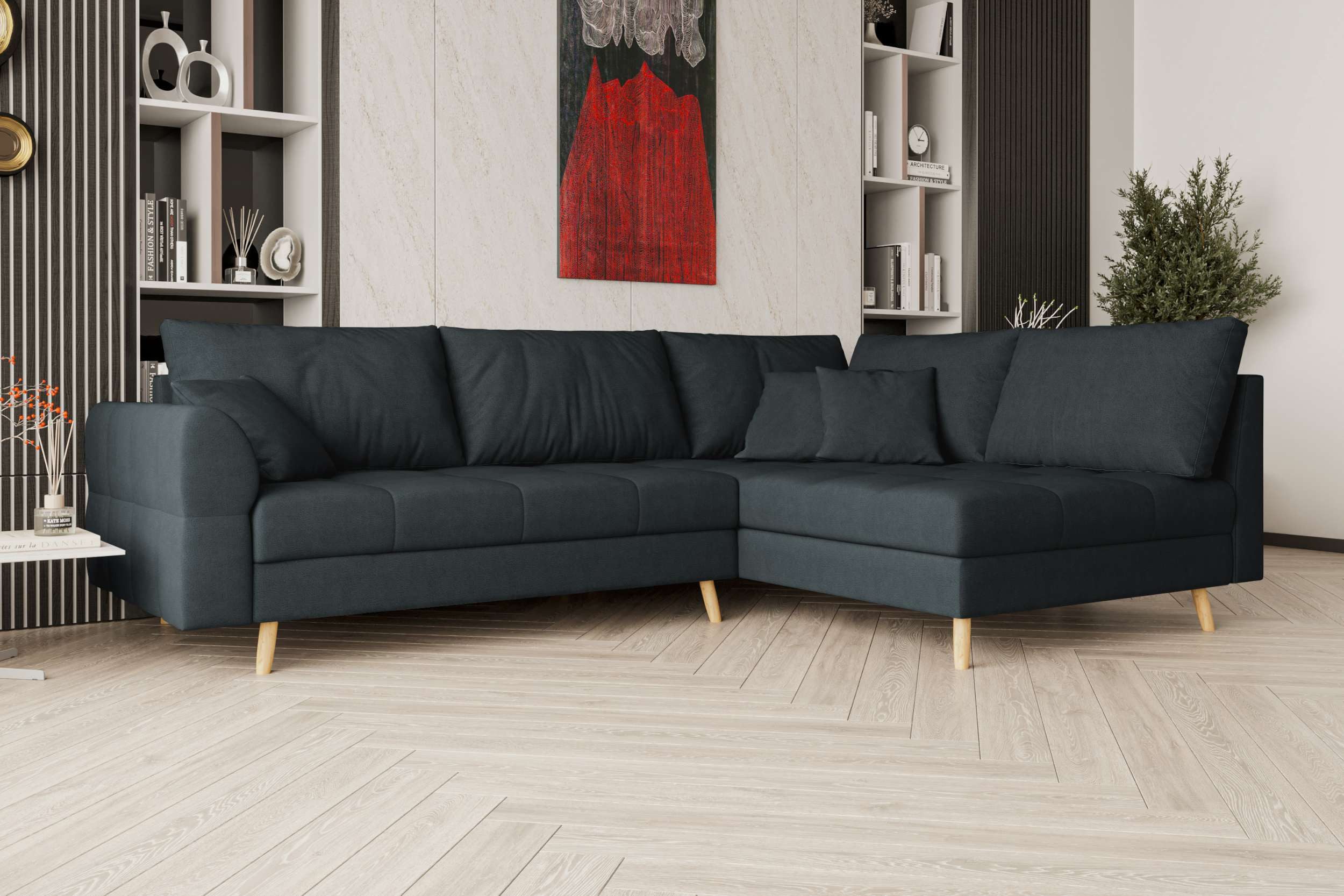 99rooms Ecksofa Bello, Sofa L-Form, Eckcouch, links oder rechts bestellbar, Rundumbezug und Rückenkissen, Holzfüße