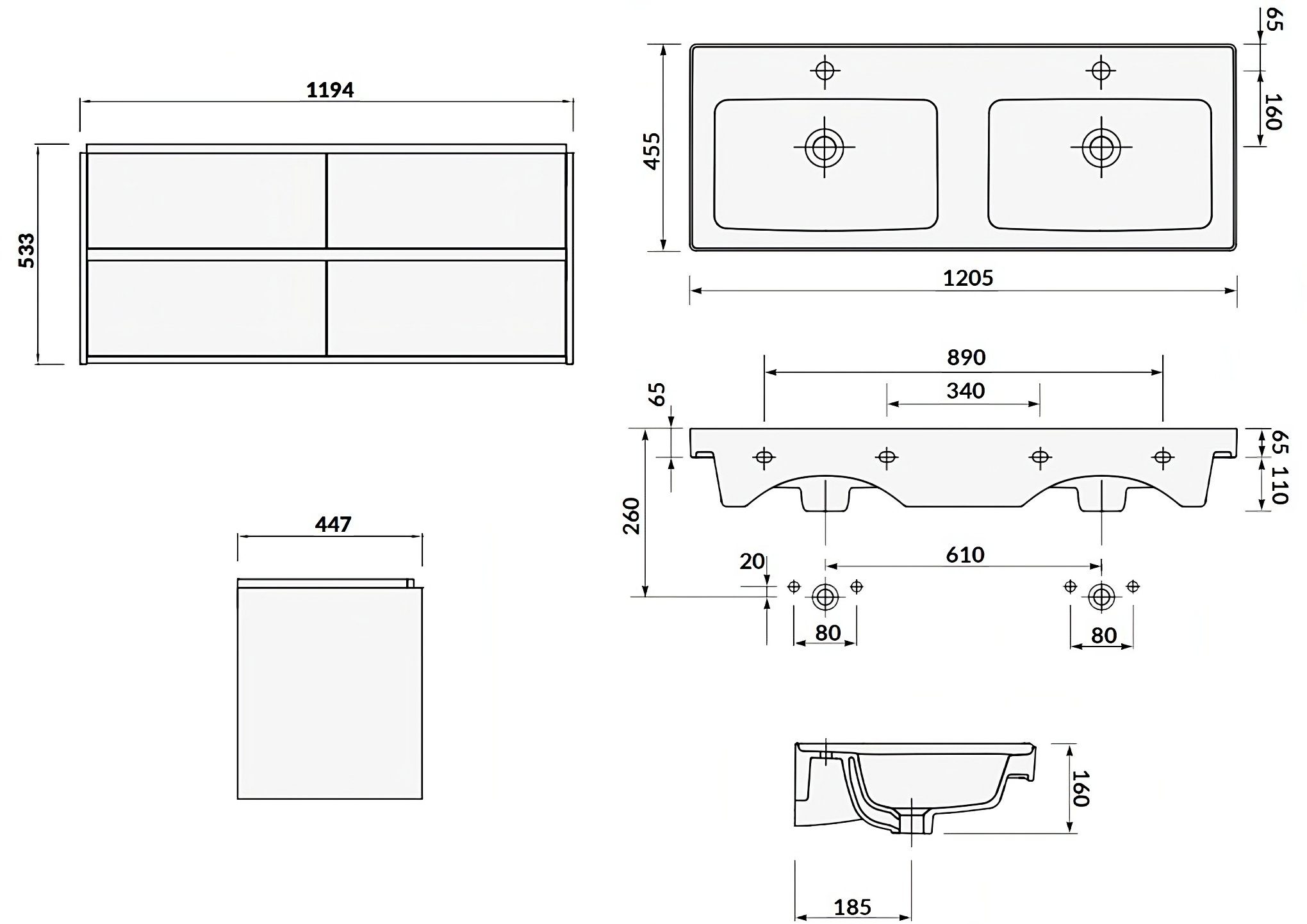 Set CREA Waschbeckenunterschrank Badezimmerschrank Grau & mit Schubladen KOLMAN Keramikwaschbecken 120 Badmöbel