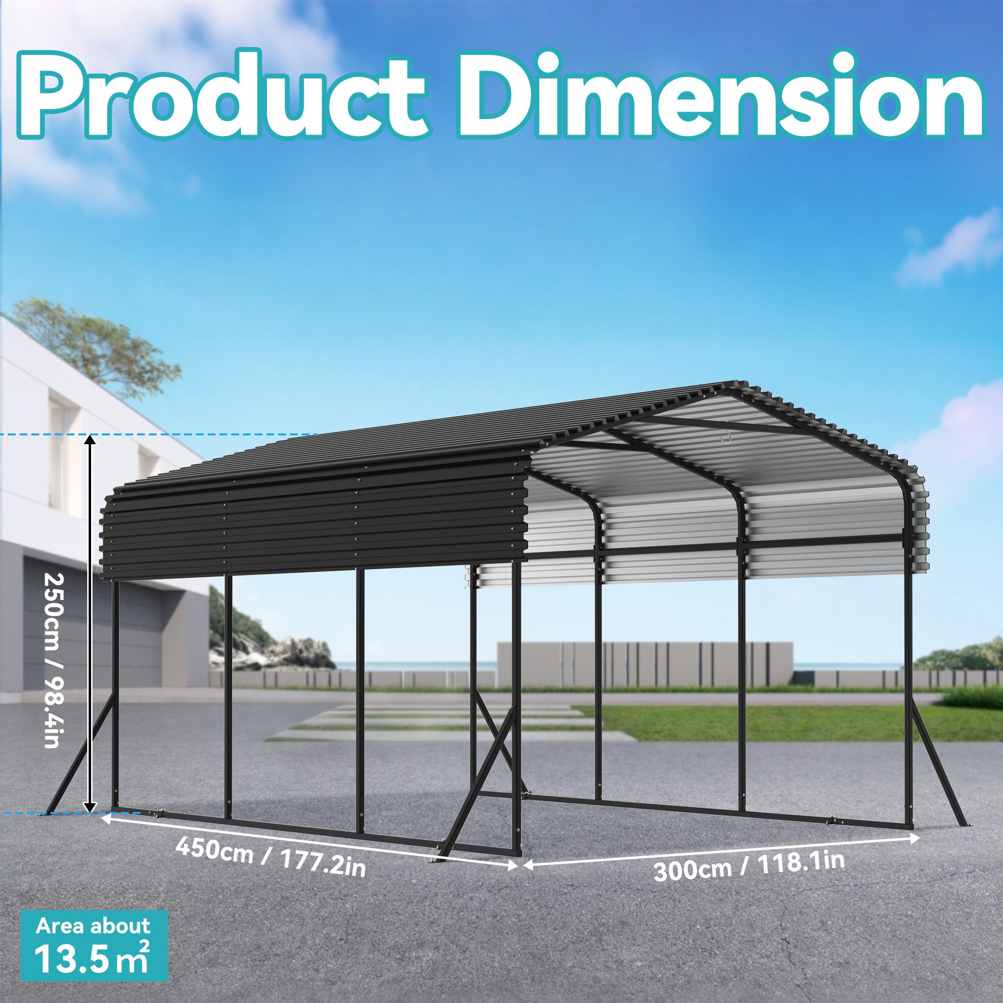 FIVMEN Einzelcarport Metall Carport Zeltgarage, Hochleistungs-Überdachung mit verstärkter