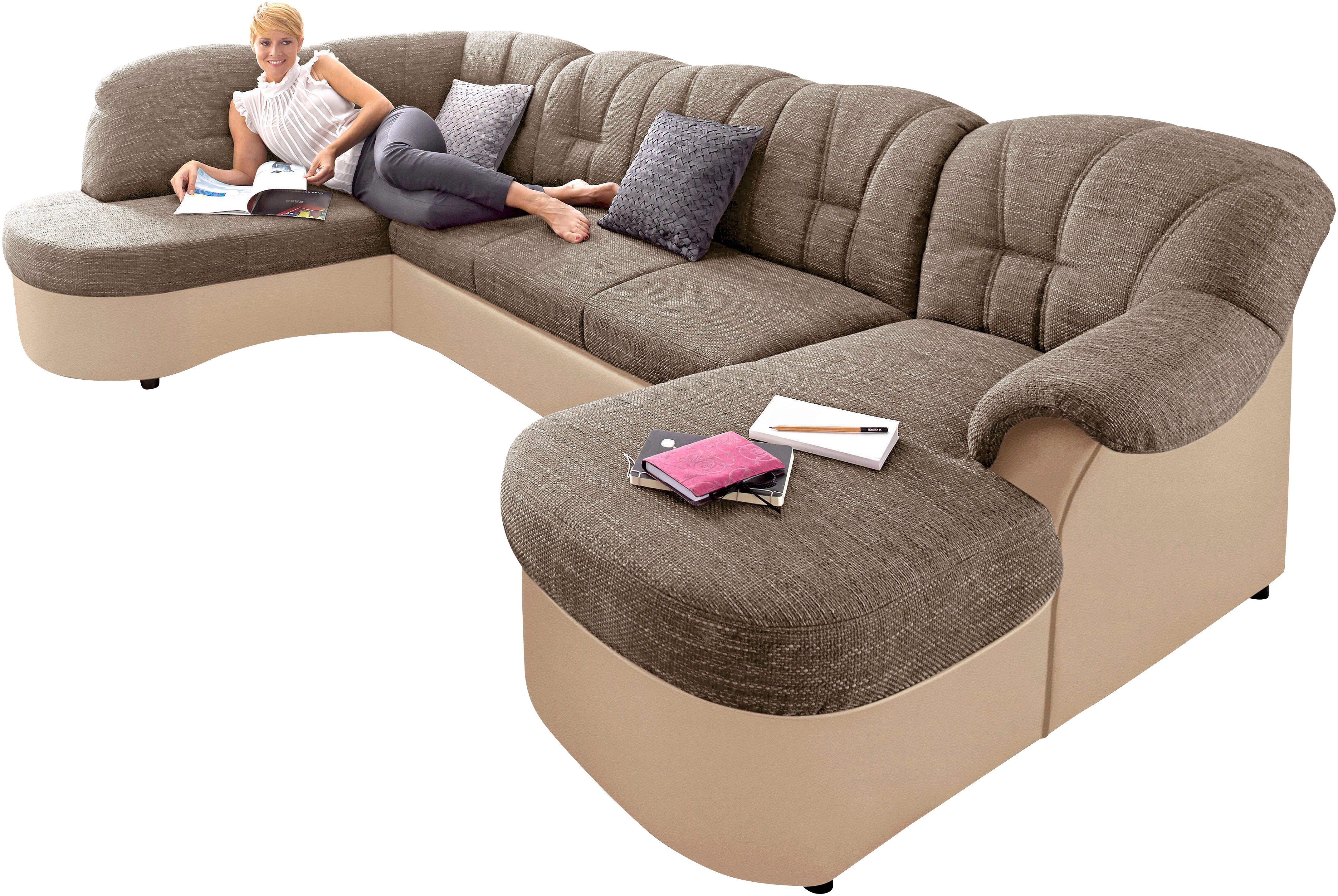 DOMO collection Wohnlandschaft Flores auch in Leder-Bezug, B/T/H: 293/180/86 cm, U-Form, 3 Teile, wahlweise mit Bettfunktion, wahlweise mit Federkern