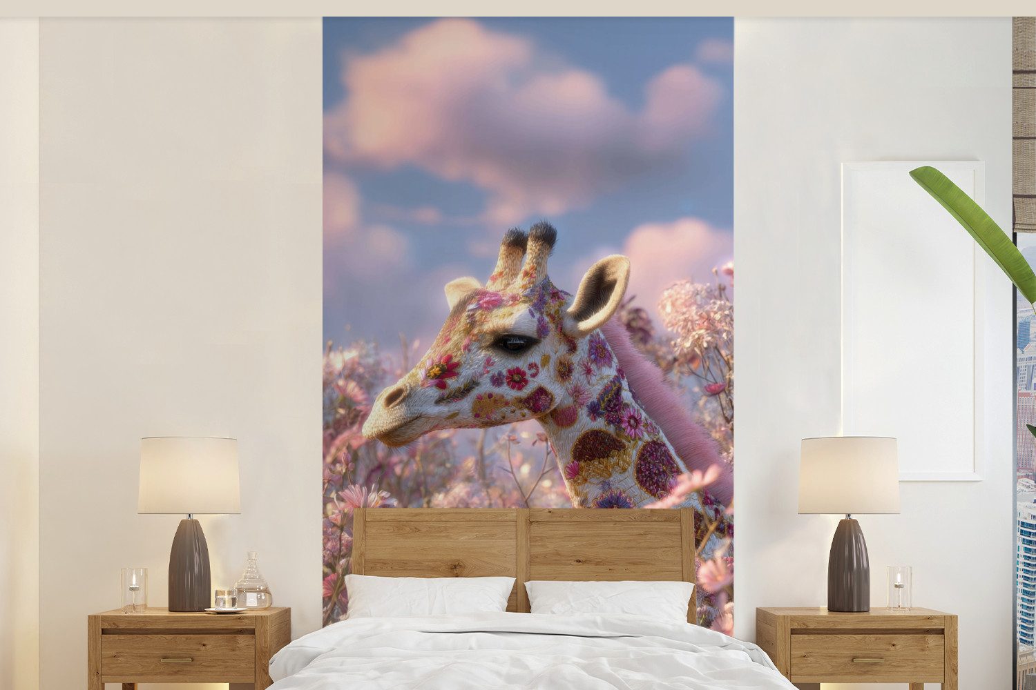 MuchoWow Fototapete Giraffe - Blumen - Rosa, Matt, bedruckt, Vliestapete für Wohnzimmer Schlafzimmer Küche, Fototapete, 120x240 cm