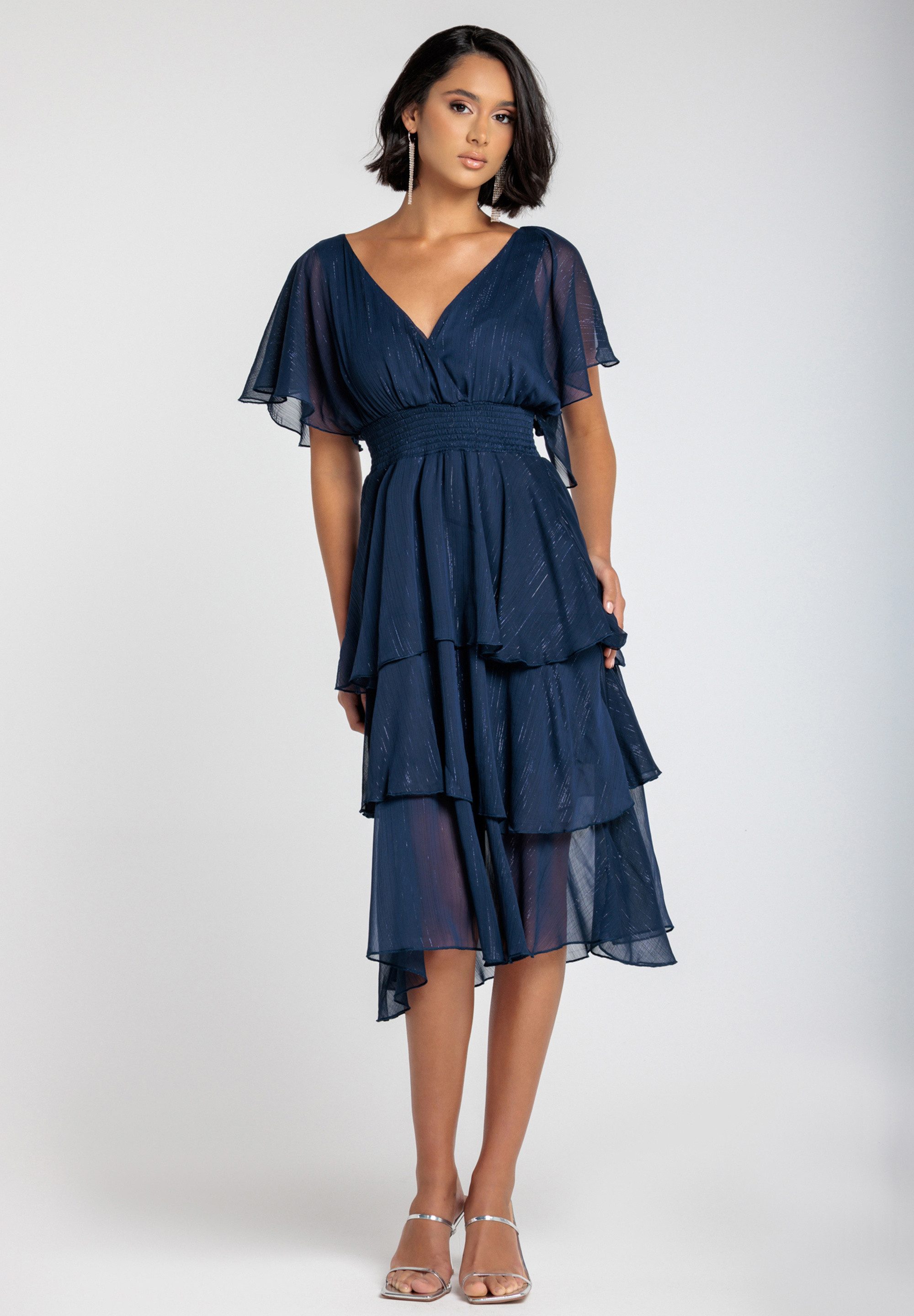 Goddiva Midikleid Chiffon Layered Flutter Sleeve Midi Dress knielang