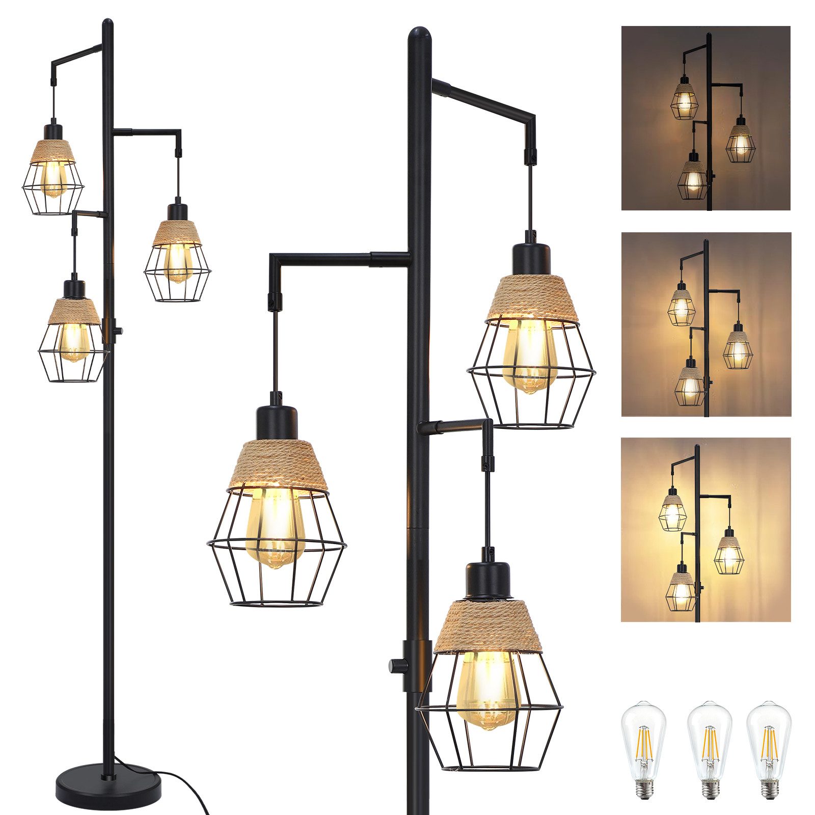 Sunicol Stehlampe 175cm Dimmbar LED Stehlampe mit 3 Glühbirnen für Schlafzimmer, LED wechselbar, Warmweiß, Metall Vintage Stehlampen für Wohnzimmer, Esszimmer