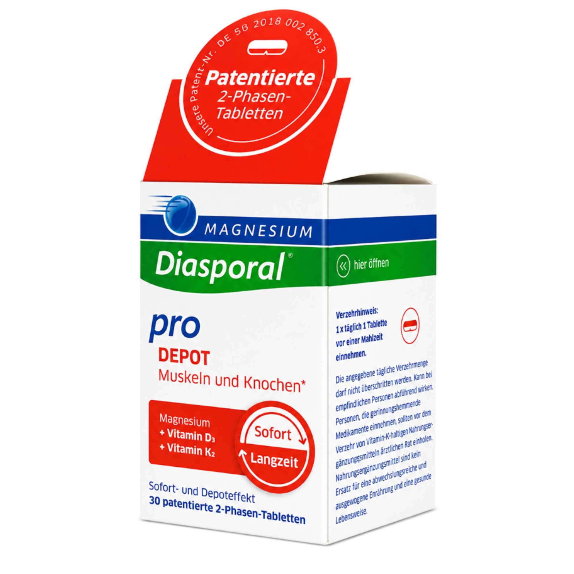 Protina Pharmazeutische GmbH MAGNESIUM DIASPORAL pro+D3+K2 DEPOT Muskel+Kno.Tab Tablette