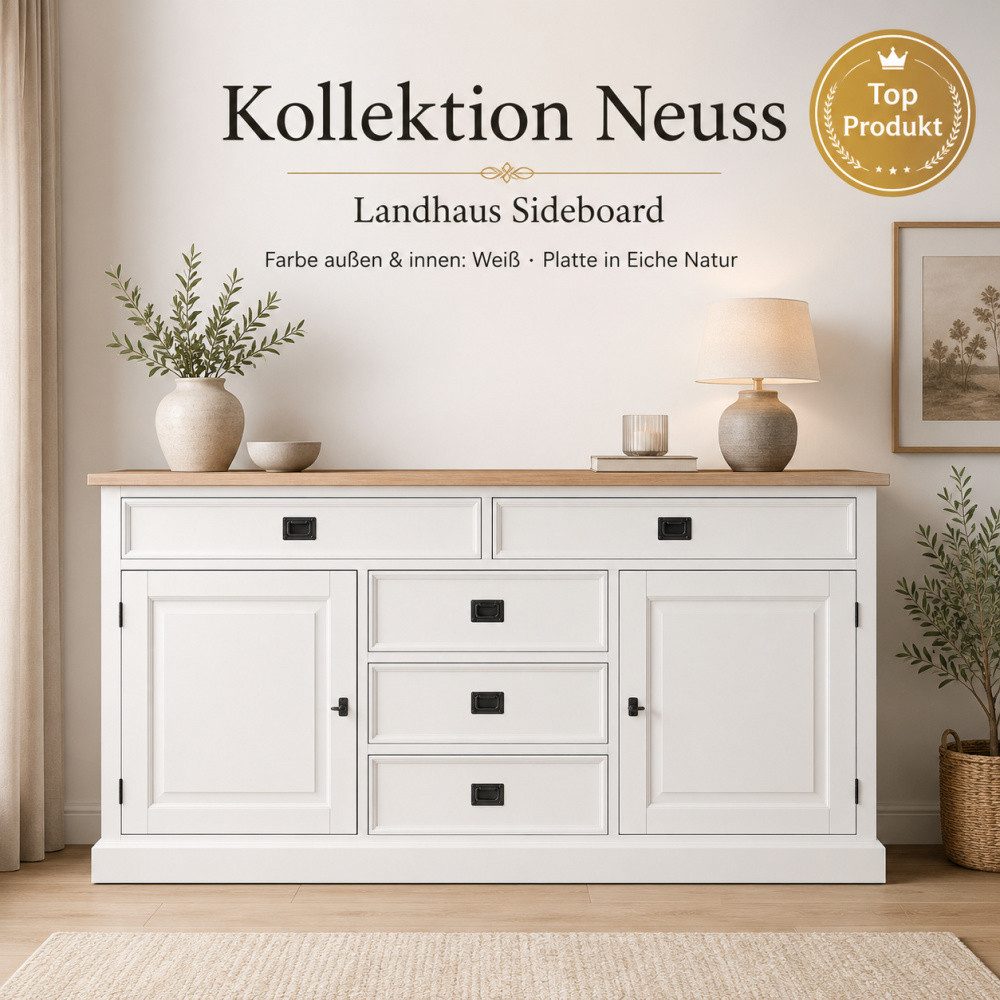 Wohnpalast Sideboard Sideboard Neuss weiss /eiche 180 cm mit Schiebetüren im Landhaus Stil