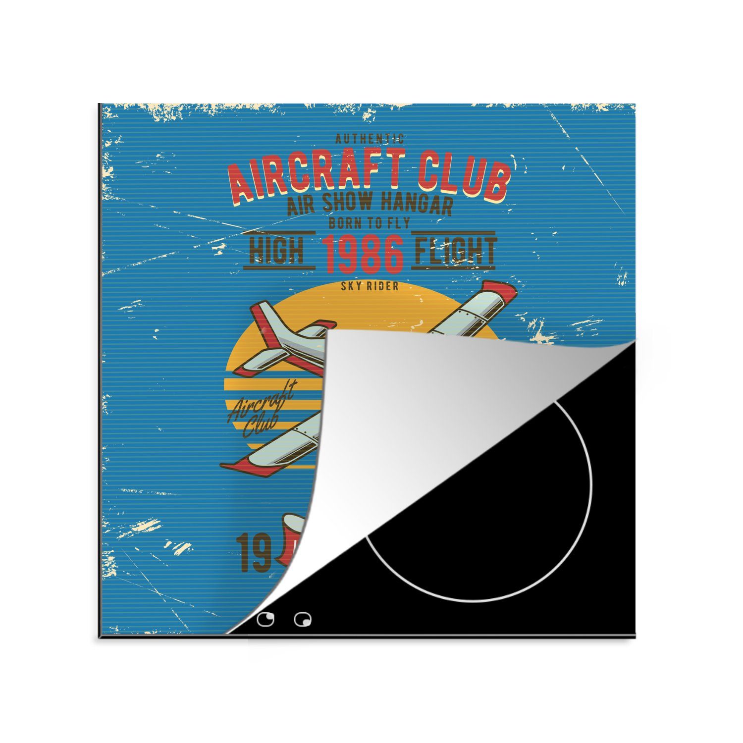 Arbeitsplatte Herdblende-/Abdeckplatte für - MuchoWow Mancave cm, (1 - tlg), Vinyl, 78x78 Vintage, Blau küche Flugzeug Ceranfeldabdeckung, -