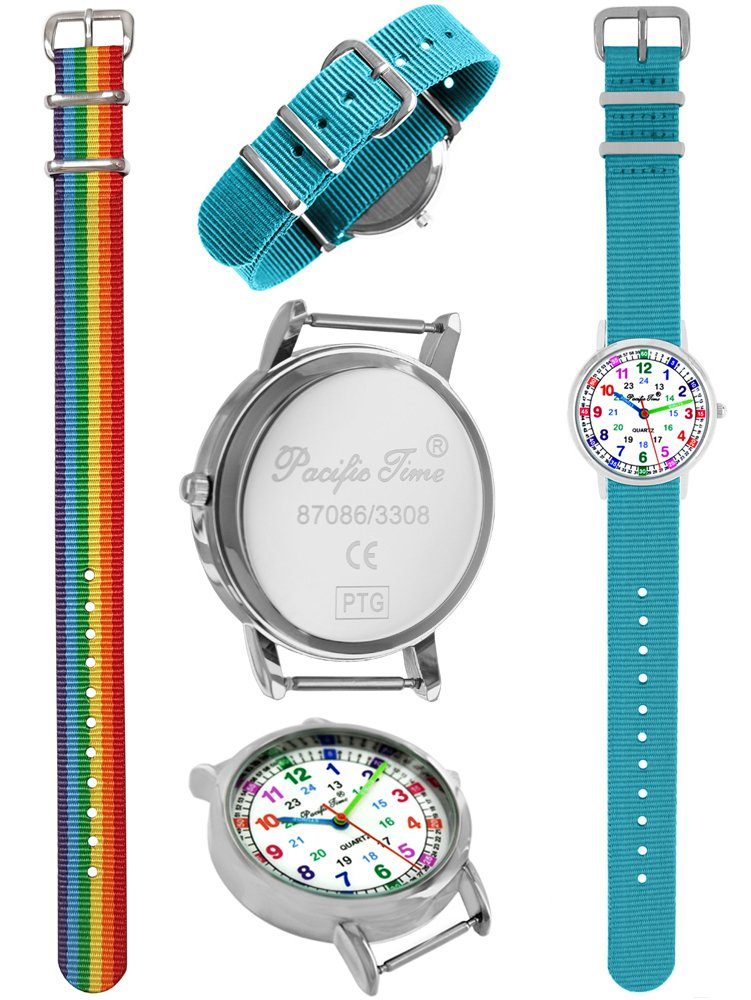 Pacific Time Quarzuhr mit 2 Tausch Armbändern hellblau und Regenbogen Einhorn Look 12938, - Gratis Versand