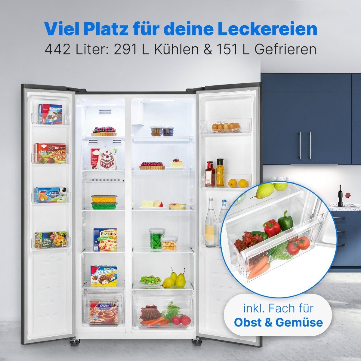 BOMANN Side-by-Side SBS 7344, 177 cm hoch, 90 cm breit, MultiAirflow-System, Total No Frost, LED Frontdisplay m. Touch Control