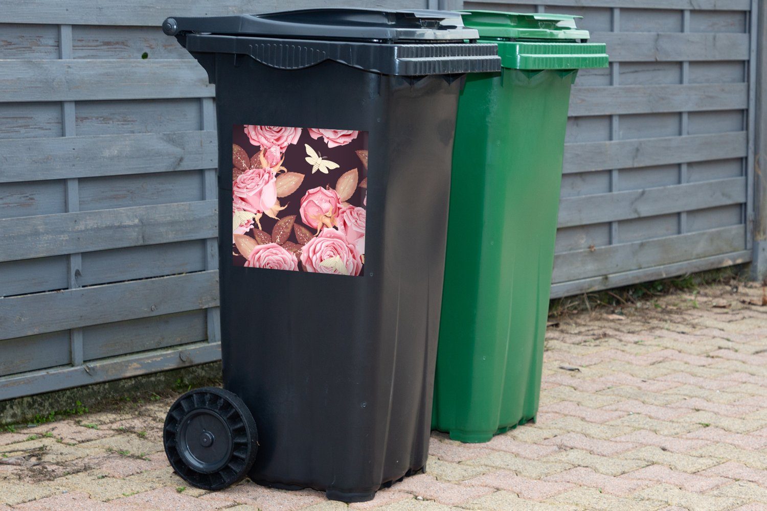 - Sticker, Abfalbehälter St), - Mülleimer-aufkleber, Container, Wandsticker Rosa Rosen Blumen Mülltonne, MuchoWow (1