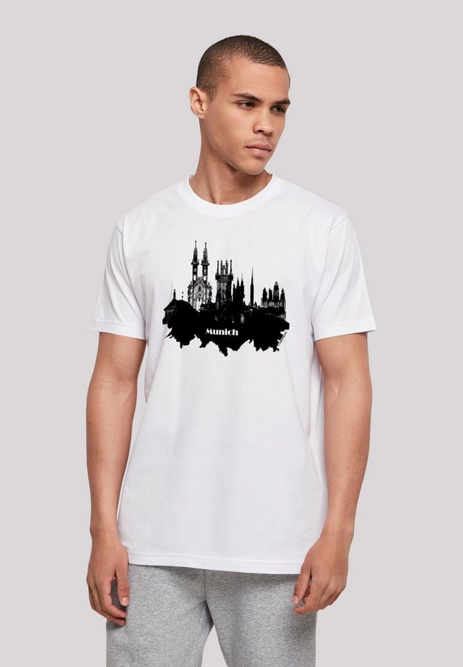 Hals Munich Saum und Cities T-Shirt - am am Doppelnähte skyline Print, Collection F4NT4STIC Rippbündchen