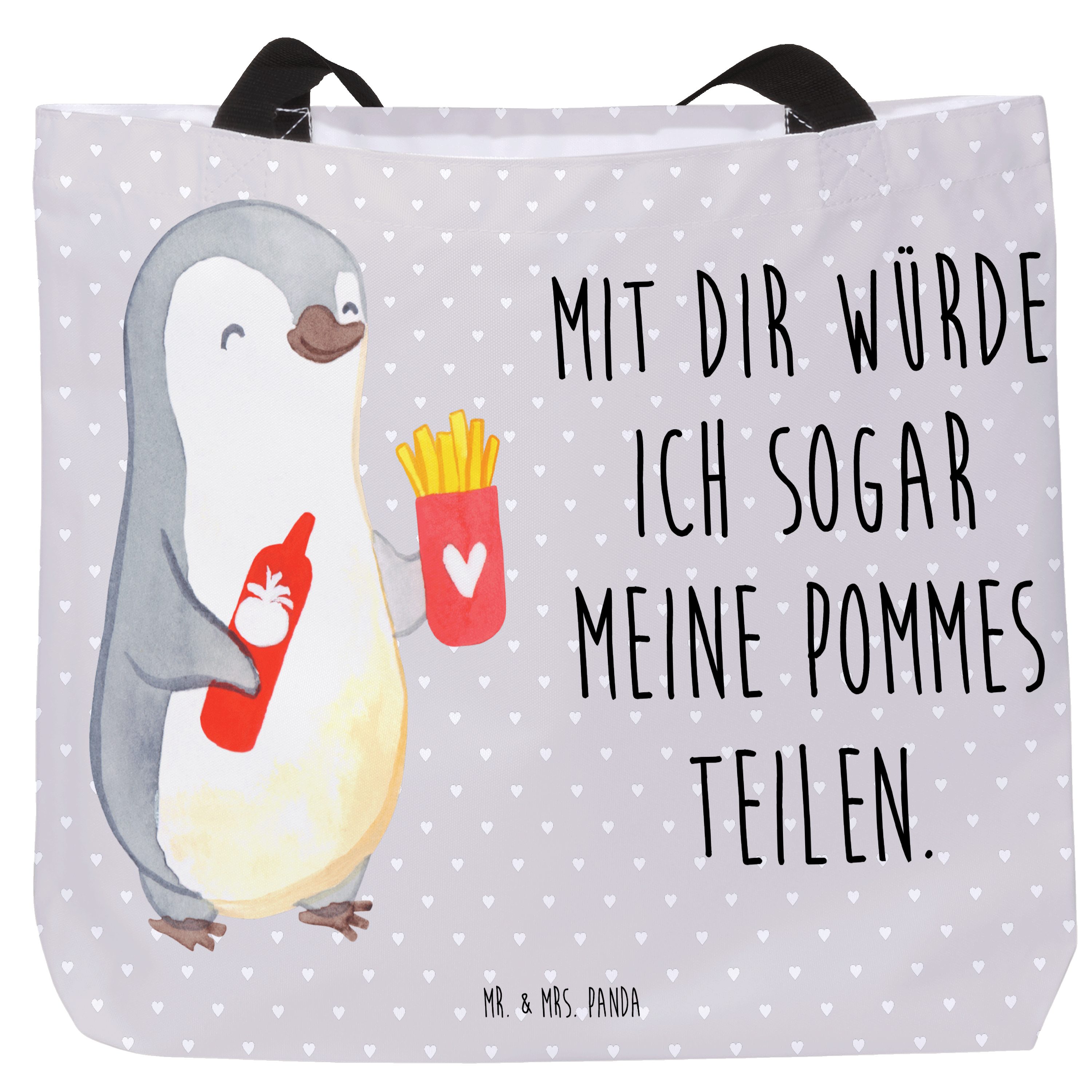 Shopper Pinguin Pommes, Tote Bag, Grau Pastell, Freundin, Laptoptasche, Hochz