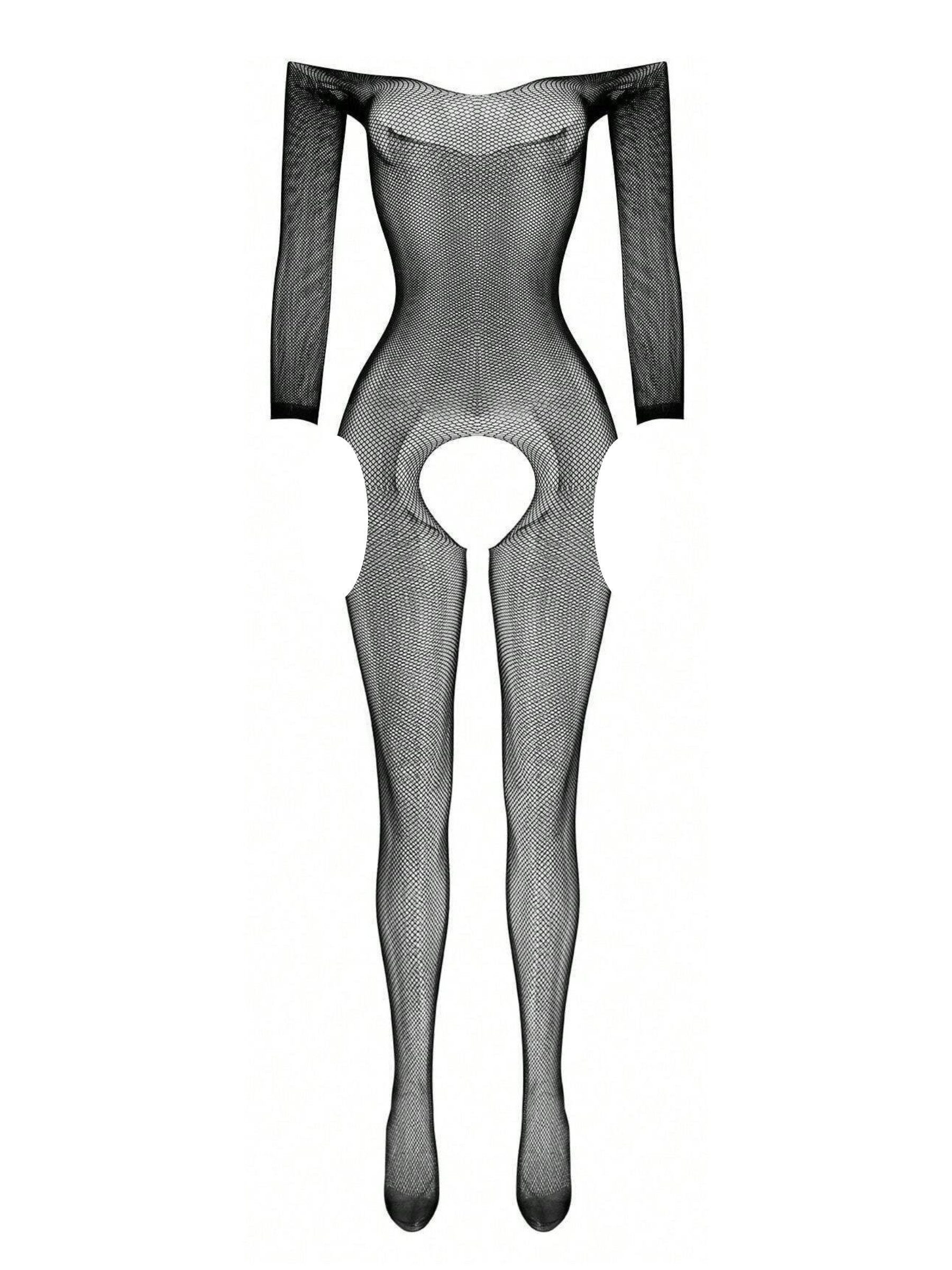Elegant Love Bodystocking-Ouvert Netz-Strumpfbody mit offenem Schritt – figurbetontes Catsuit-Dessous Stilvolle Reizwäsche – Netz-Body, schulterfreier Ausschnitt, S–XL