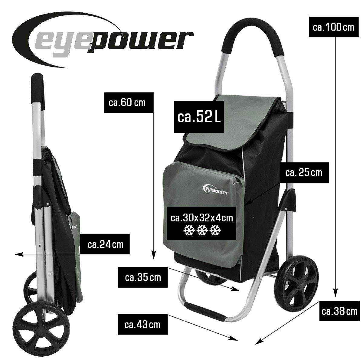 eyepower Einkaufstrolley 52L Einkaufstrolley Kühlfach Faltbarer XL XL Shopping, Grau Trolley Shopping Einkaufsroller