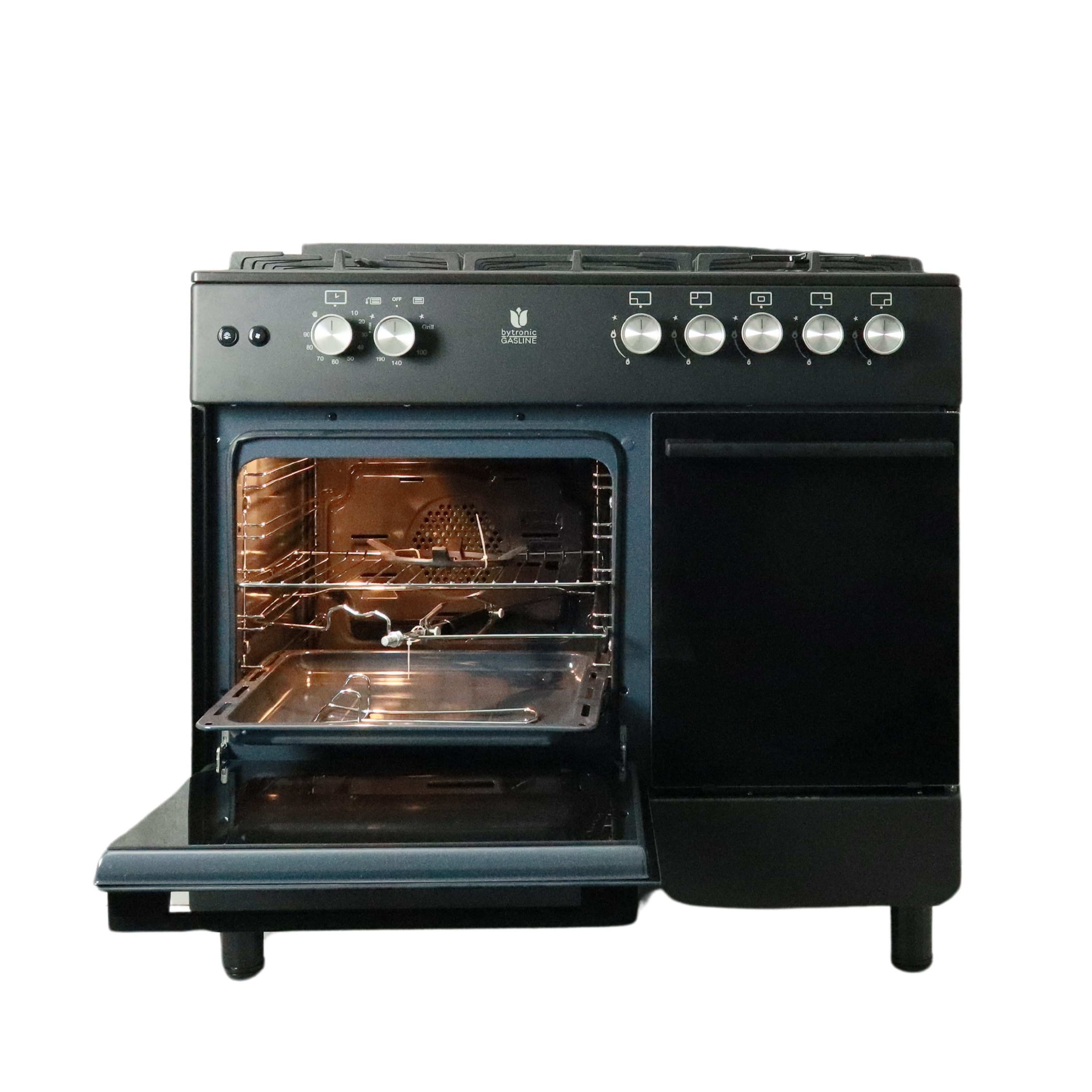 Gasline Gas-Standherd mit Gasbackofen und Flaschenschrank GAG90GOXFLB, mit 1-fach-Teleskopauszug, Elektrische Zündung, Zündsicherung, 90 cm breit mit WOK Brenner, Regler (50mbar)+Gasschlauch