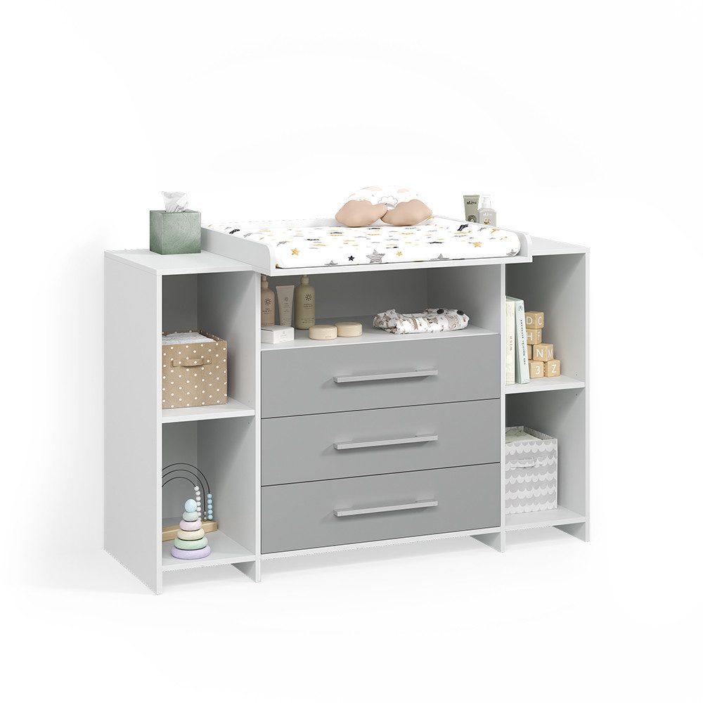 Livinity® Wickelkommode Torino, Weiß/Grau/Weiß, XL mit Schubladen