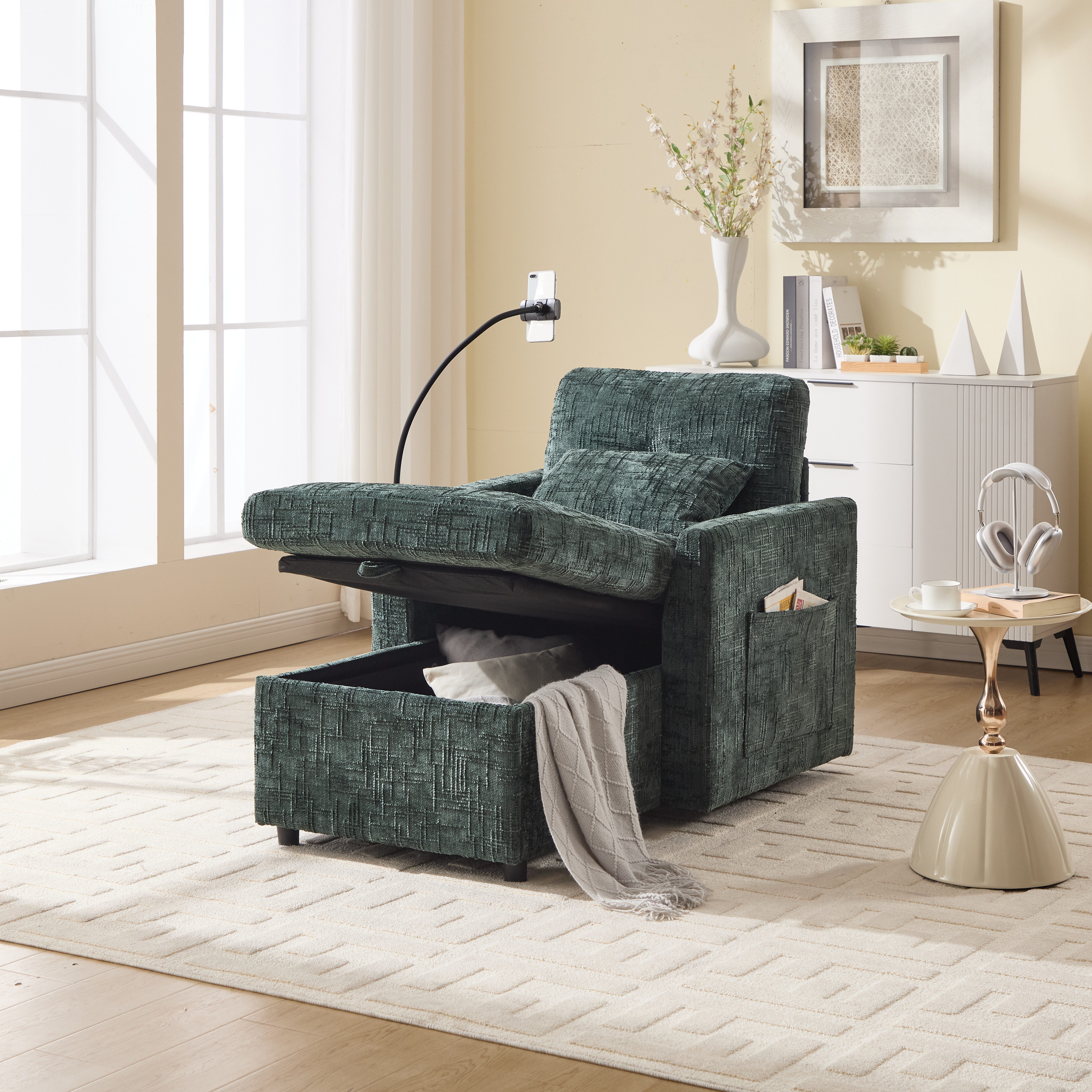 KLAM HOME Sofa Sofa mit Schlaffunktion, verstaubare Rückenlehne mit Handyhalterung, Einzelner Freizeitstuhl für Wohnzimmer Schlafzimmer kleiner Haushalt