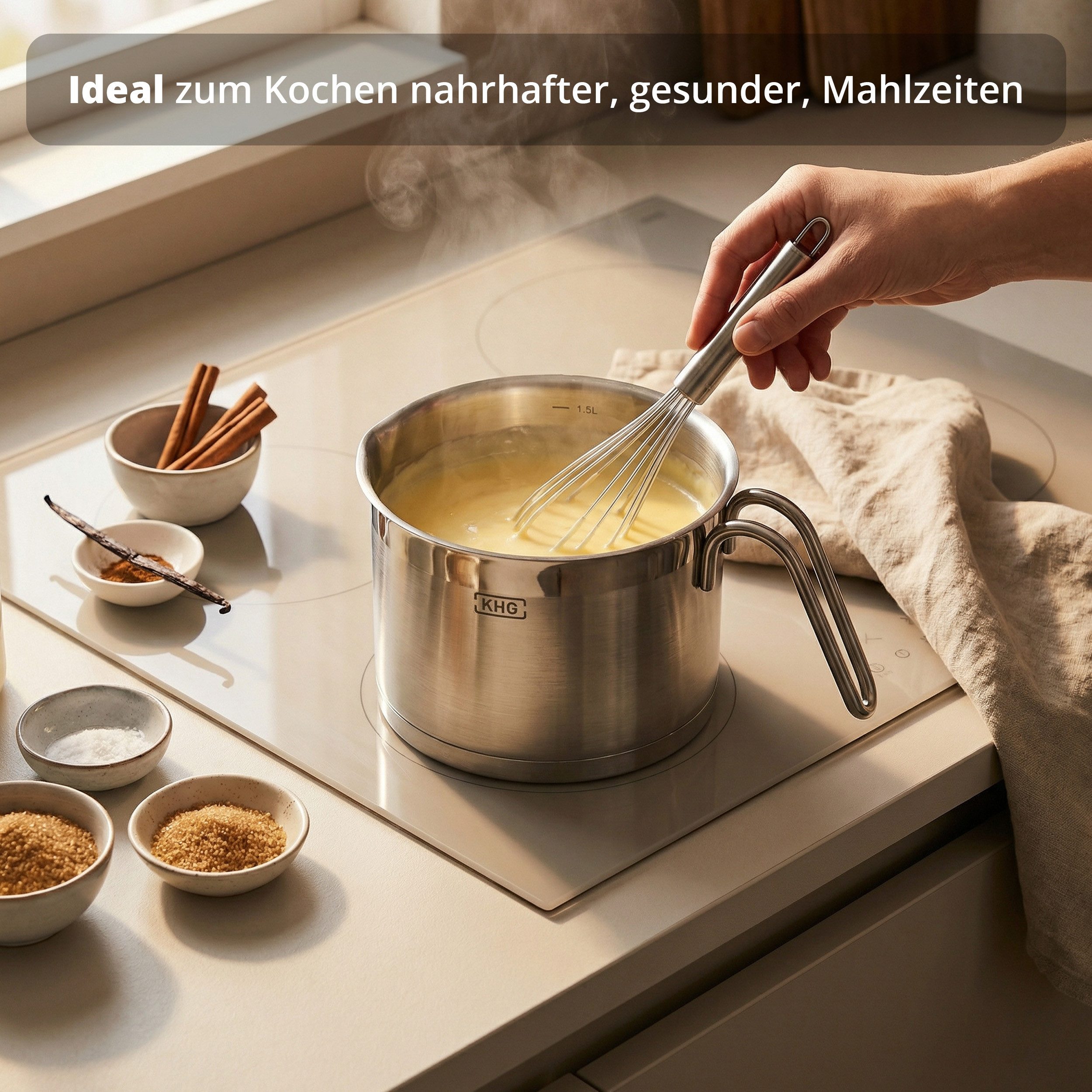 KHG Kochtopf Milchtopf 14 cm Durchmesser, inkl. Ausguss, Edelstahl, 1,5 Liter Volumen, Innenskala, für alle Herdarten inklusive Induktion
