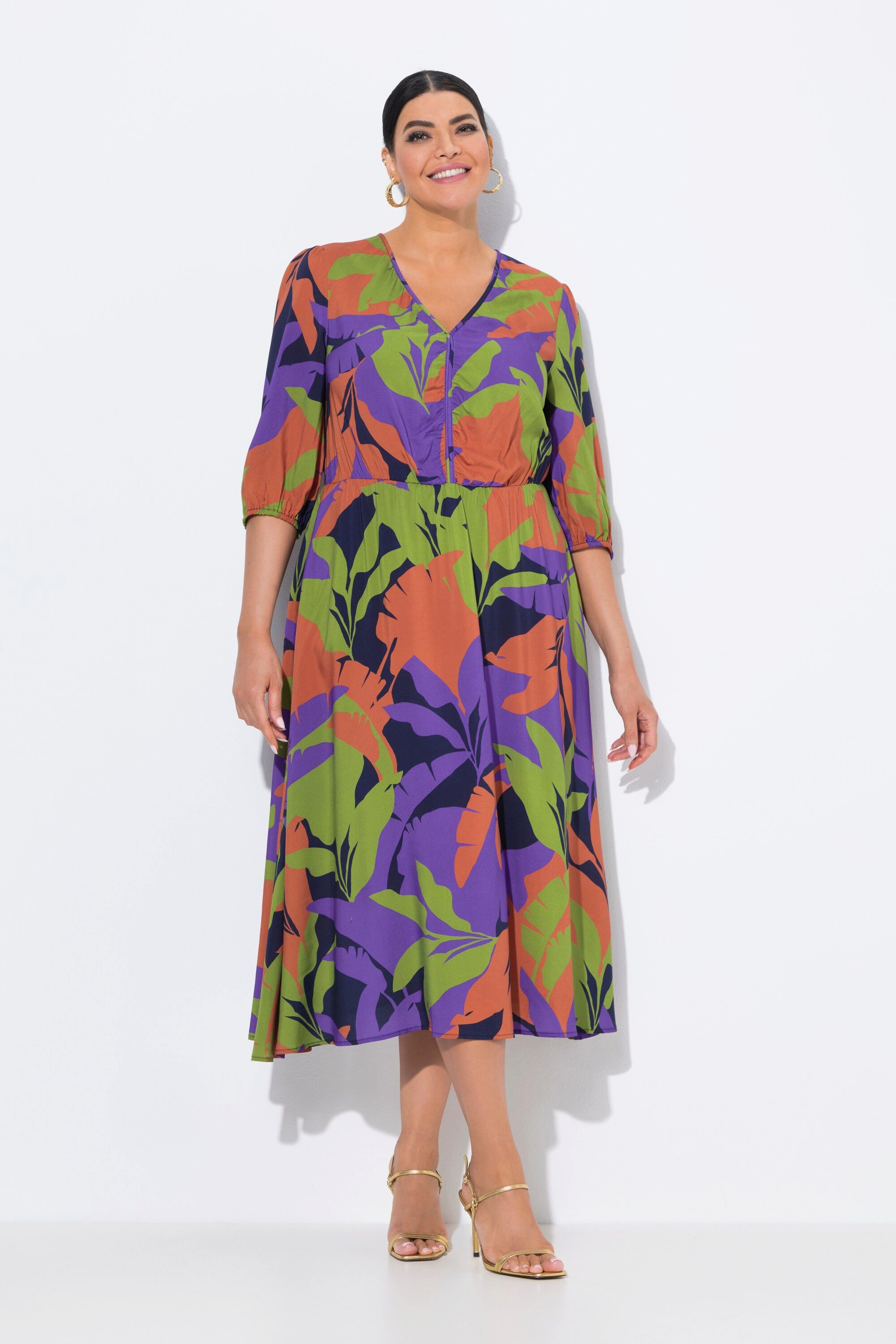 Ulla Popken Midikleid Midikleid Blätter A-Linie V-Ausschnitt 3/4-Arm