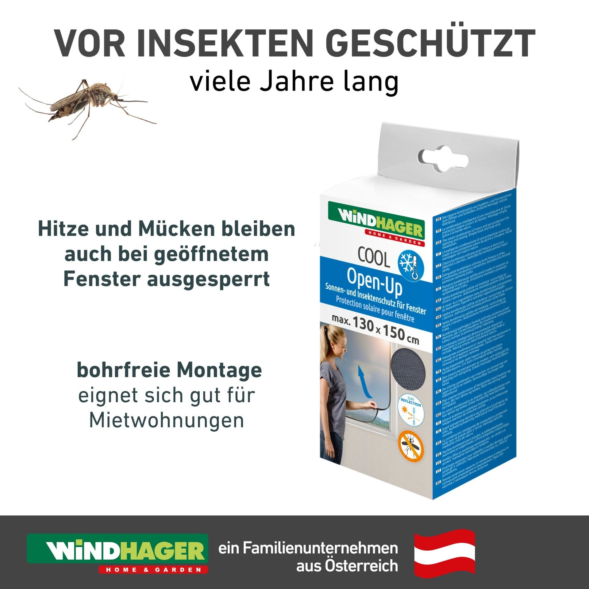 Windhager Fliegengitter-Gewebe COOL, Sonnenschutz Fliegengitter Open-Up, einfaches Öffnen, Schließen, (1-St), reflektierender Insektenschutz ohne bohren, 130 x 150 cm, anthrazit