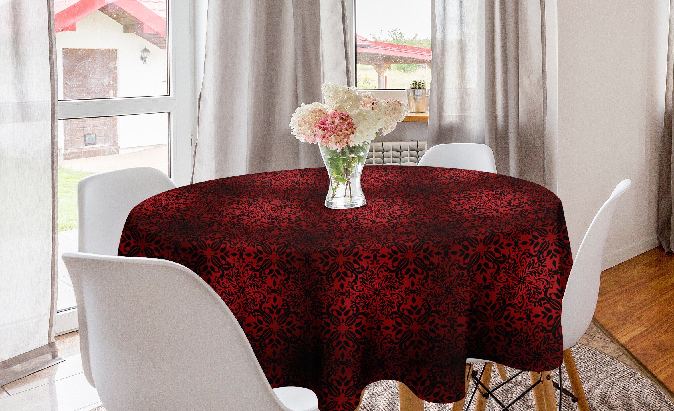 Abakuhaus Tischdecke Kreis Tischdecke Abdeckung Dekoration, Blätter Blumen Küche Esszimmer Orient für rot schwarz