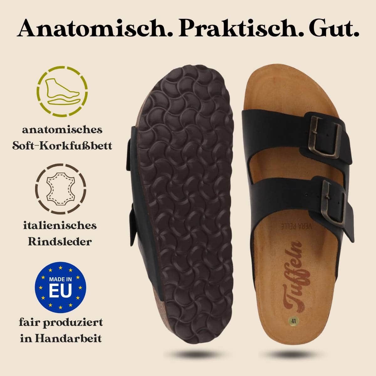 Tuffeln Leder-Sandalen 'Föhr' mit Korkfußbett Zweischnaller Pantolette Hausschuh mit gepolstertem Tieffussbett
