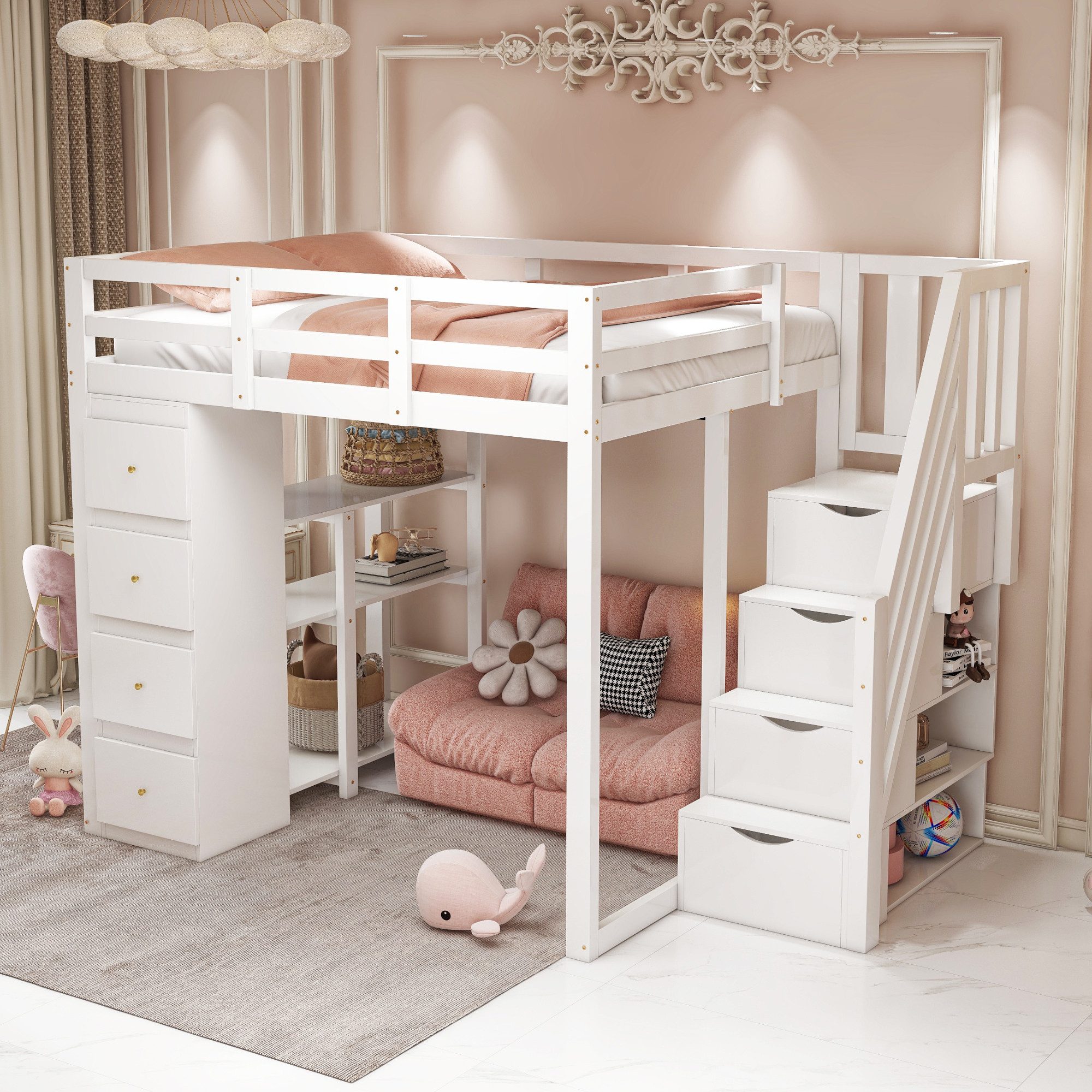 Flieks Hochbett Kinderbett 140x200cm mit Schubladekommode, Regalen und Stauraumtreppe