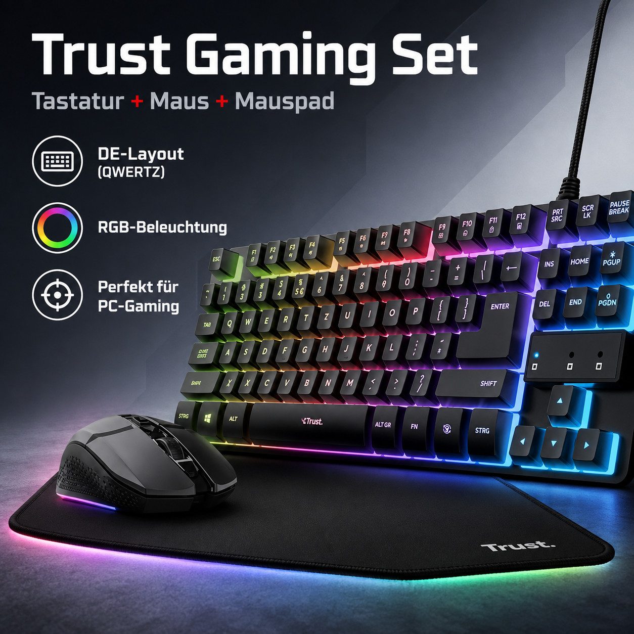 Trust Gaming Set Tastatur Maus Mauspad DE Layout QWERTZ Gaming Bundle PC Set PC-Tastatur (LED QWERTZ Tastatur Keyboard Gamer Set Equipment) – Bild 3 von 5