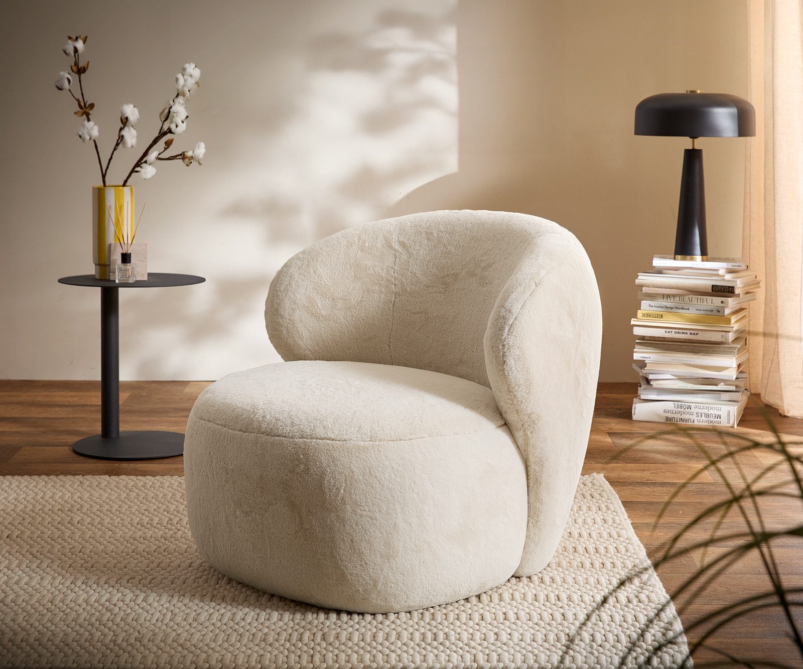 DELIFE Cocktailsessel Pulo, Plüsch Creme-Weiß 80x80 cm Loungesessel