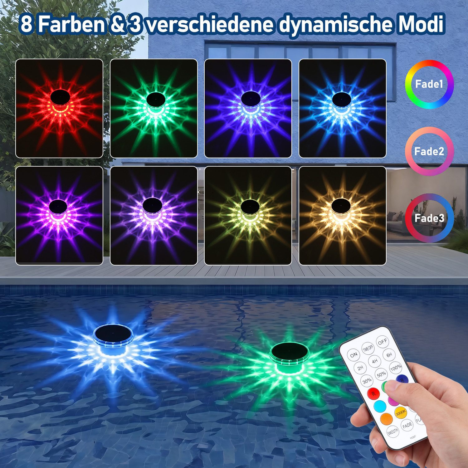 oyajia Pool-Lampe Schwimmende Poolbeleuchtung, RGB Solar Poollicht mit Fernbedienung, 4er Set, LED fest integriert, RGB, IP68 Wasserdicht Unterwasser Licht für Pool, Whirlpool, Teich, Garten