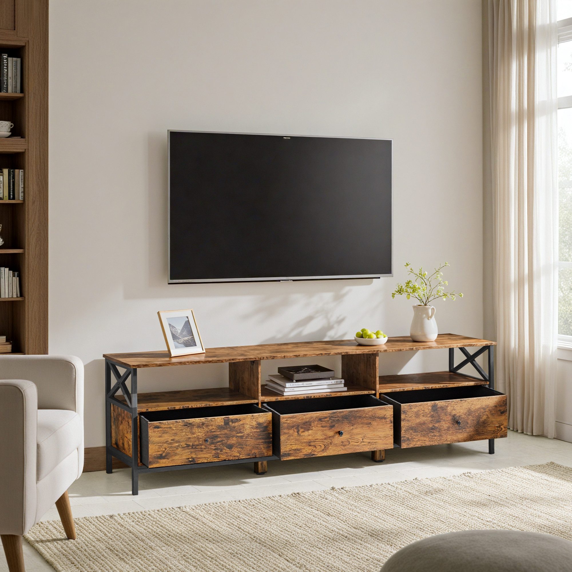 VASAGLE TV-Schrank Fernsehtisch mit 3 Stoffschubladen, bis zu 80 Zoll, 178 x 40 x 50 cm