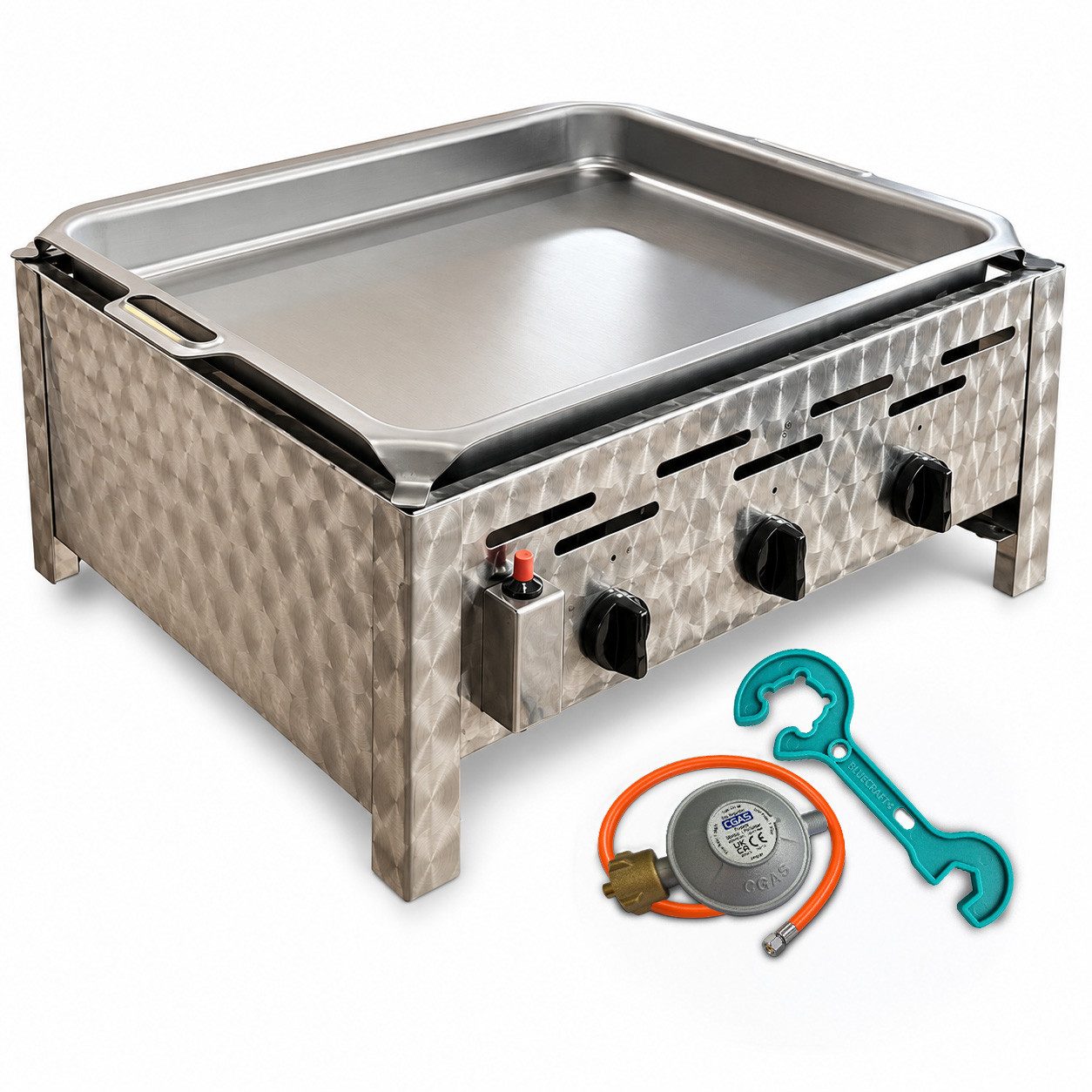 BlueCraft Gasgrill 3 flammig Brenner Edelstahl Gastrobräter Profi Gasgrill inkl. Pfanne, mit Gas Schlauch und Druckminderer Tischgrill robust Made in Germany