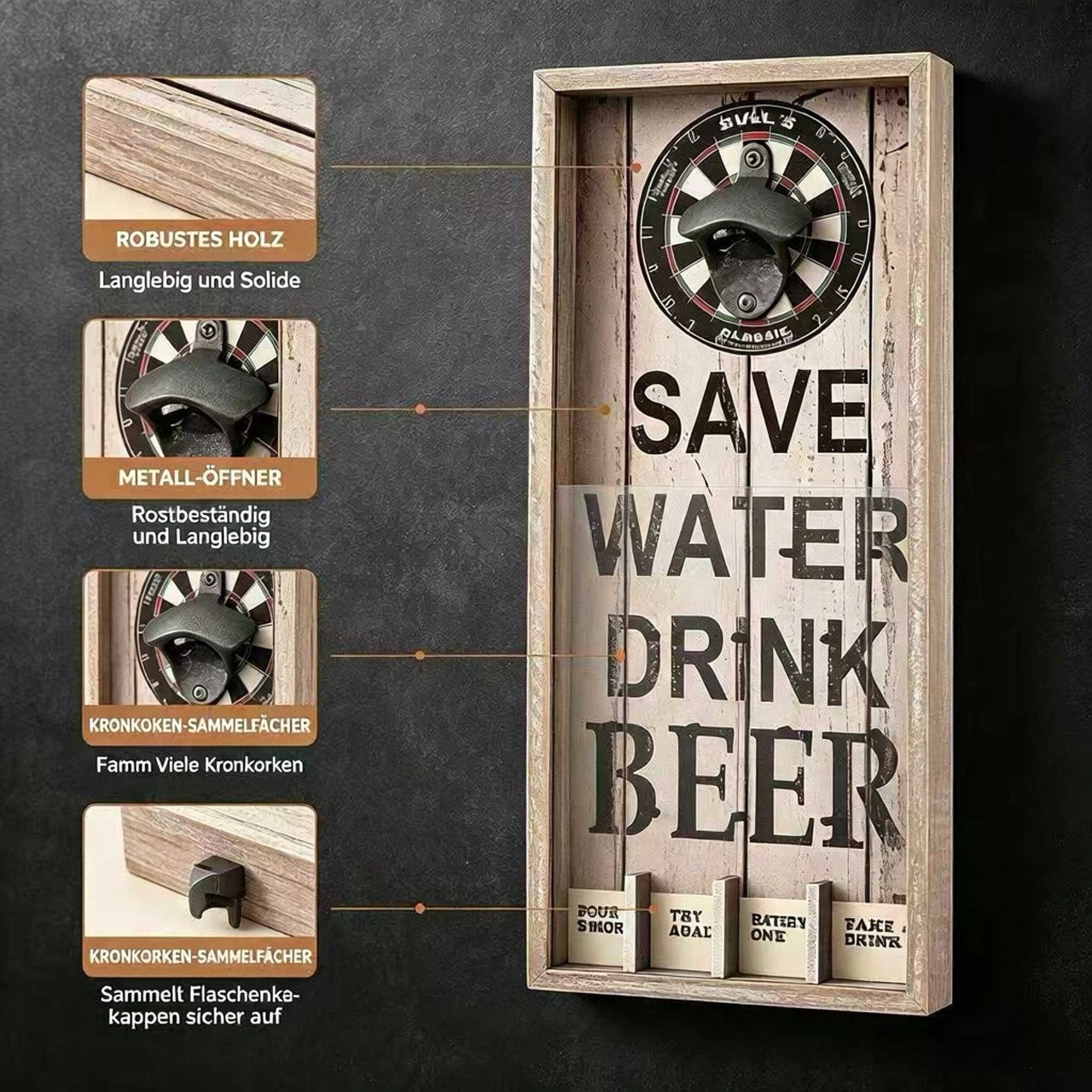 ibettertec Flaschenöffner Wandflaschenöffner Vintage Holz, Bieröffner für Wandmontage, Vintage‑Design,Stabiler Metall‑Öffner,Hochwertiges Used‑Look‑Holz – Bild 2 von 5