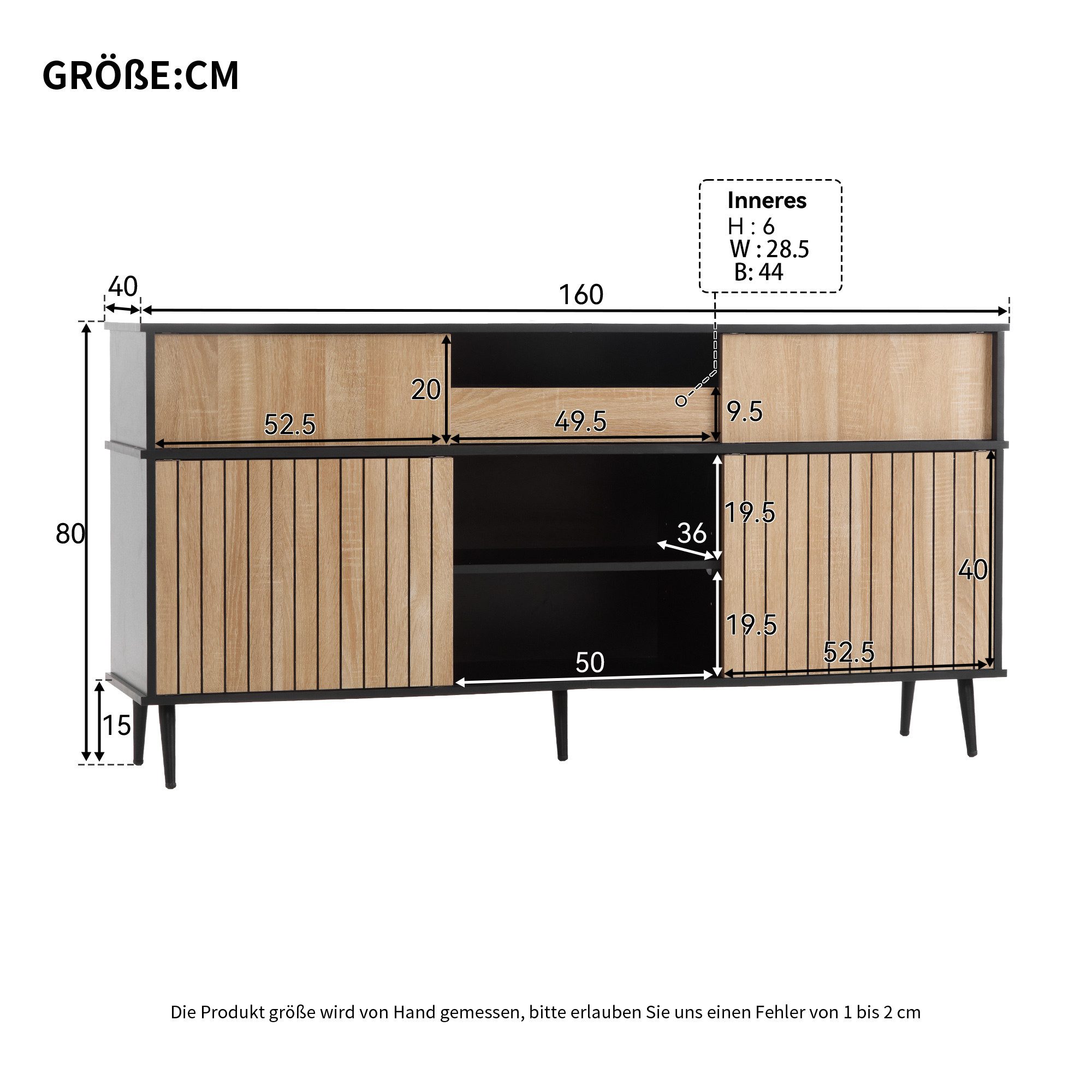 Flieks Kommode mit 4 Schiebetüren und 1 Schublade (1 St., 160Bx40Tx80H cm), Sideboard mit verstellbar Ablagen Küchenschrank Mehrzweckschrank Holz – Bild 4 von 5