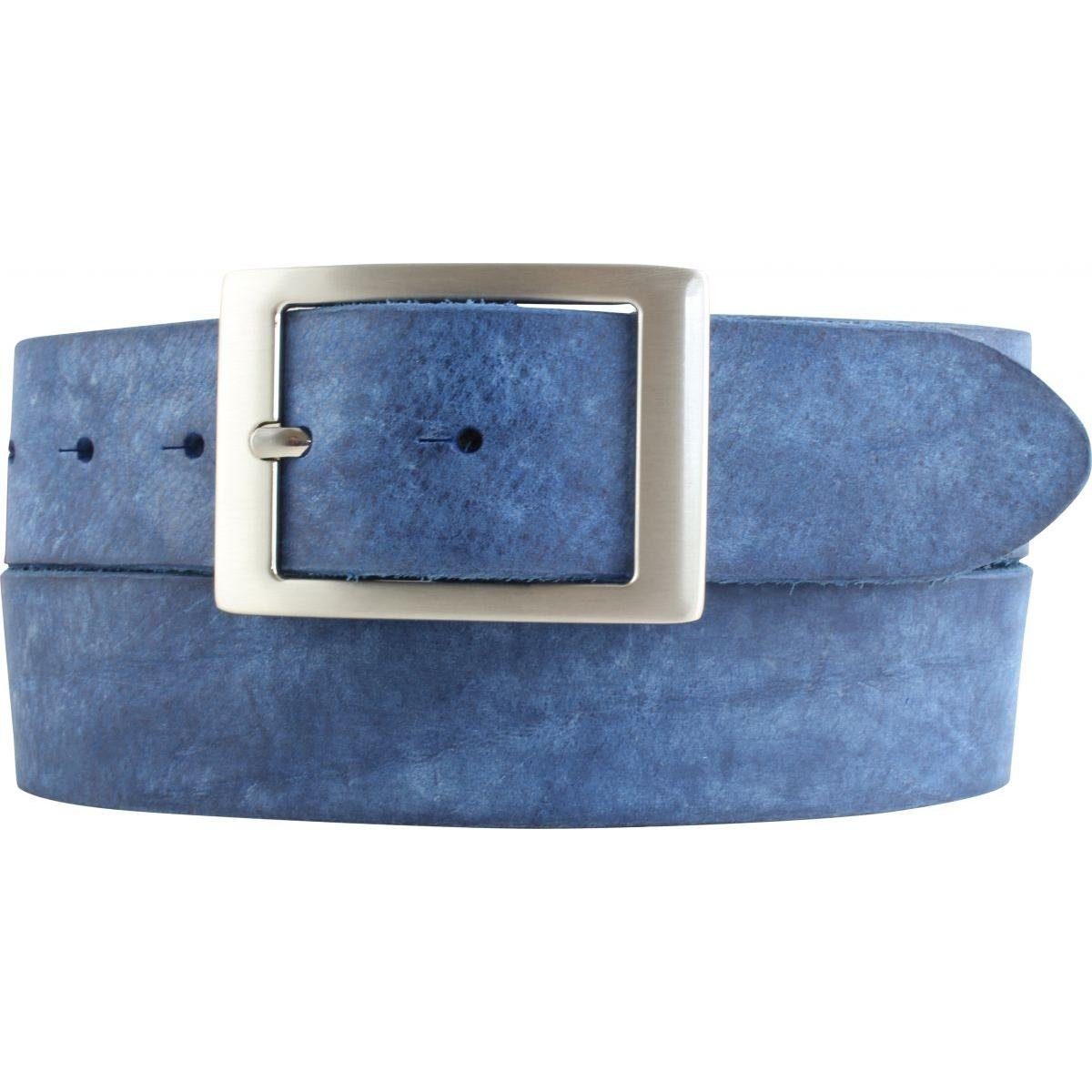 BELTINGER Ledergürtel Herren-Gürtel aus weichem Vollrindleder mit Doppel-Schnalle Vintage-Lo weiches Leder, Gürtelschnalle in Altsilber, Vintage Blau, Silber