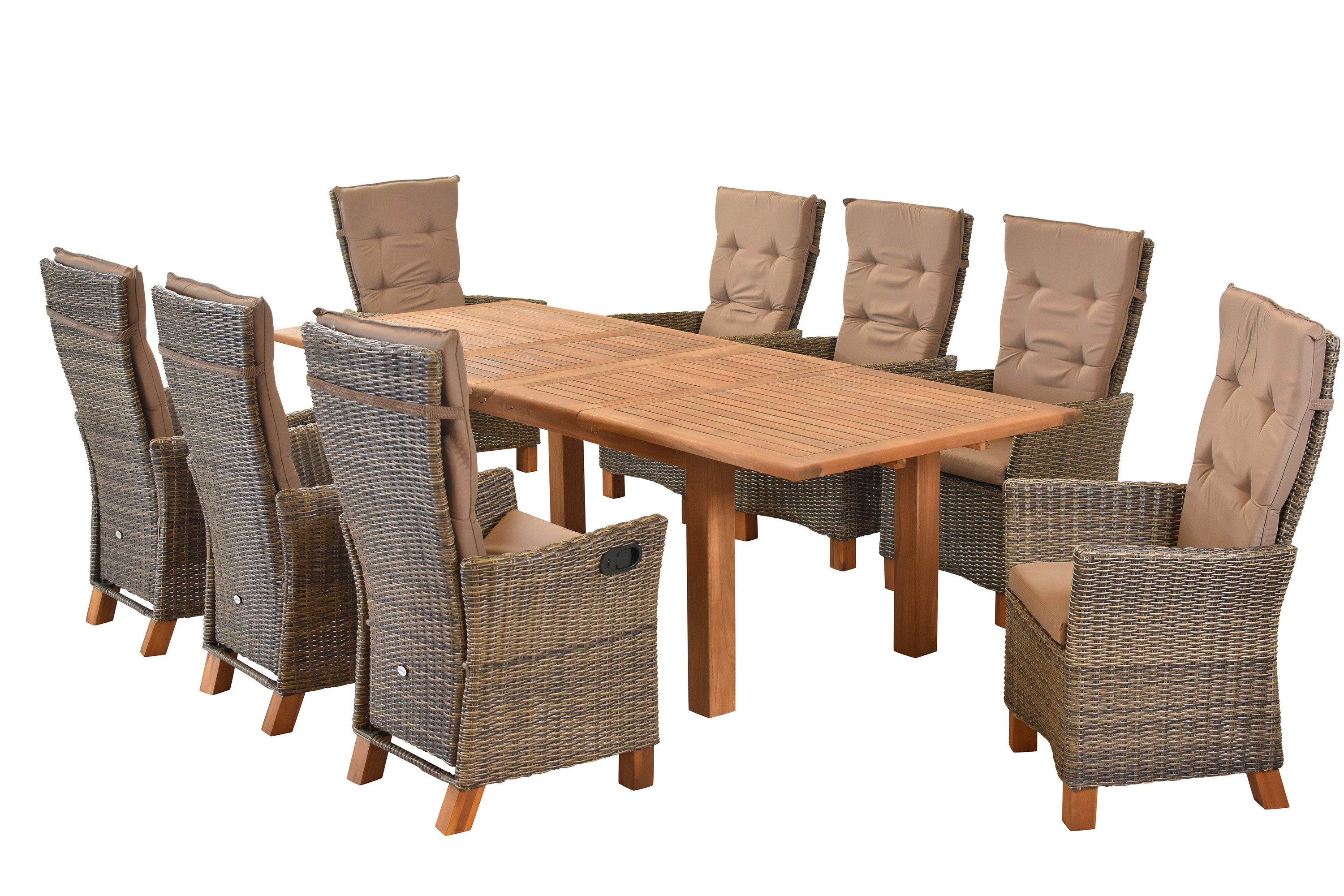 MERXX Garten-Essgruppe Toskana, (Set, 8 Sessel, 1 Doppelausziehtisch), 8 Sessel verstellbar durch Gasdruck, Tisch doppelt ausziehbar