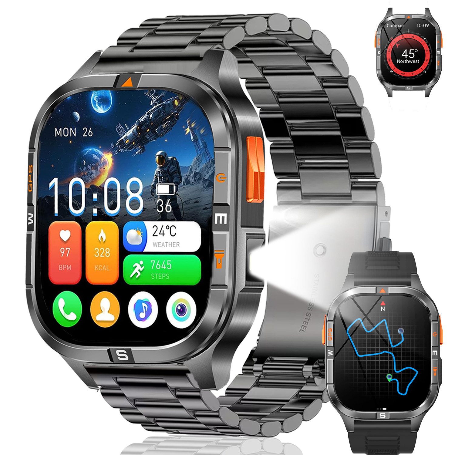 ANYSUN GPS Smartwatch Herren mit Kompass, Höhenmesser & Barometer Smartwatch 2,01 Zoll, Bluetooth-Anrufe,LED-Taschenlampe,100+ Sportmodi, IP68 Wasserdicht, Zwei Armbänder (Silikon + Metall), Fitnessuhr,mit SpO2/Pulsmesser,Schlafmonitor für iOS & Android