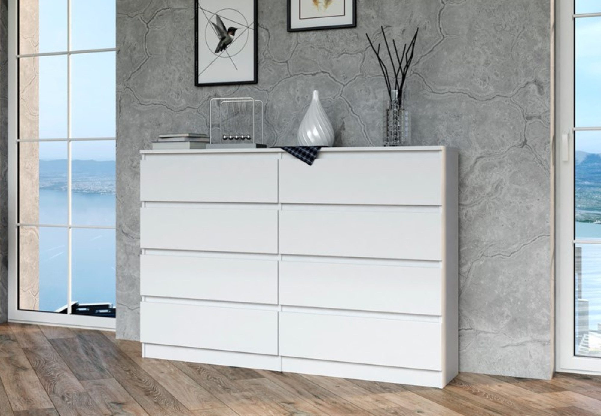 Home Collective Kommode Highboard Sideboard für Flur Schlafzimmer Wohnzimmer (Perfekt für Wohnzimmer, Schlafzimmer oder Esszimmer), mit 8 Schubladen, Breite 140 cm Höhe 97, Weiß