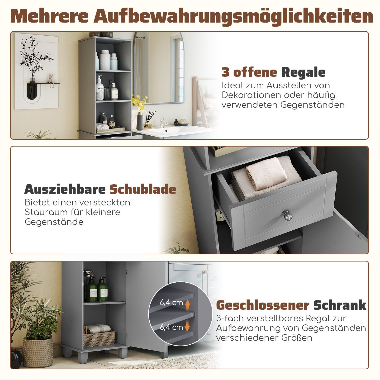 COSTWAY Badkommode, schmal Hochschrank Bad mit Schublade Holz 172cm