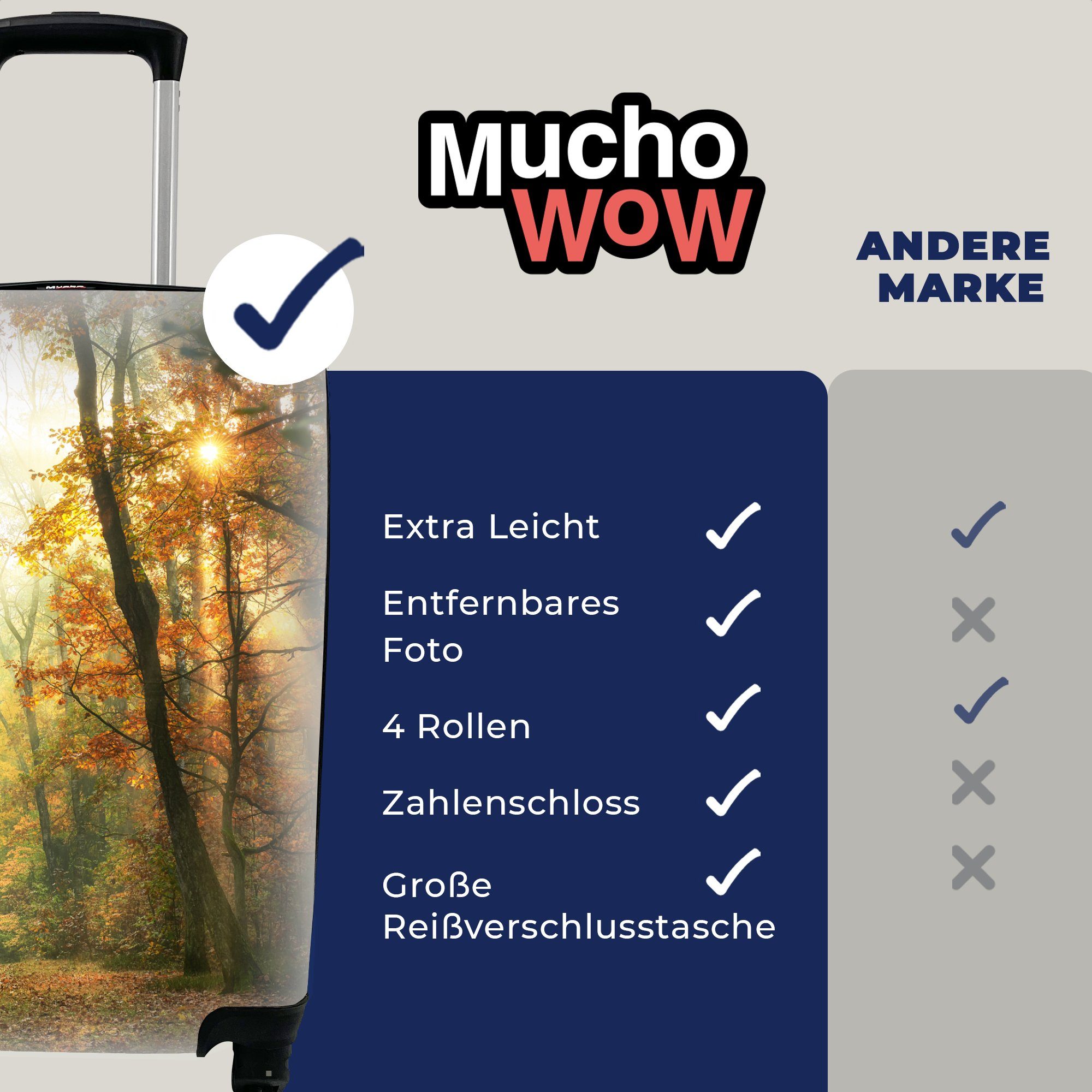 MuchoWow Handgepäckkoffer Wald Rollen, Ferien, - rollen, Reisekoffer Sonne Laub, Handgepäck - Herbst für Bäume - Trolley, mit Reisetasche - - 4 Landschaft - Natur