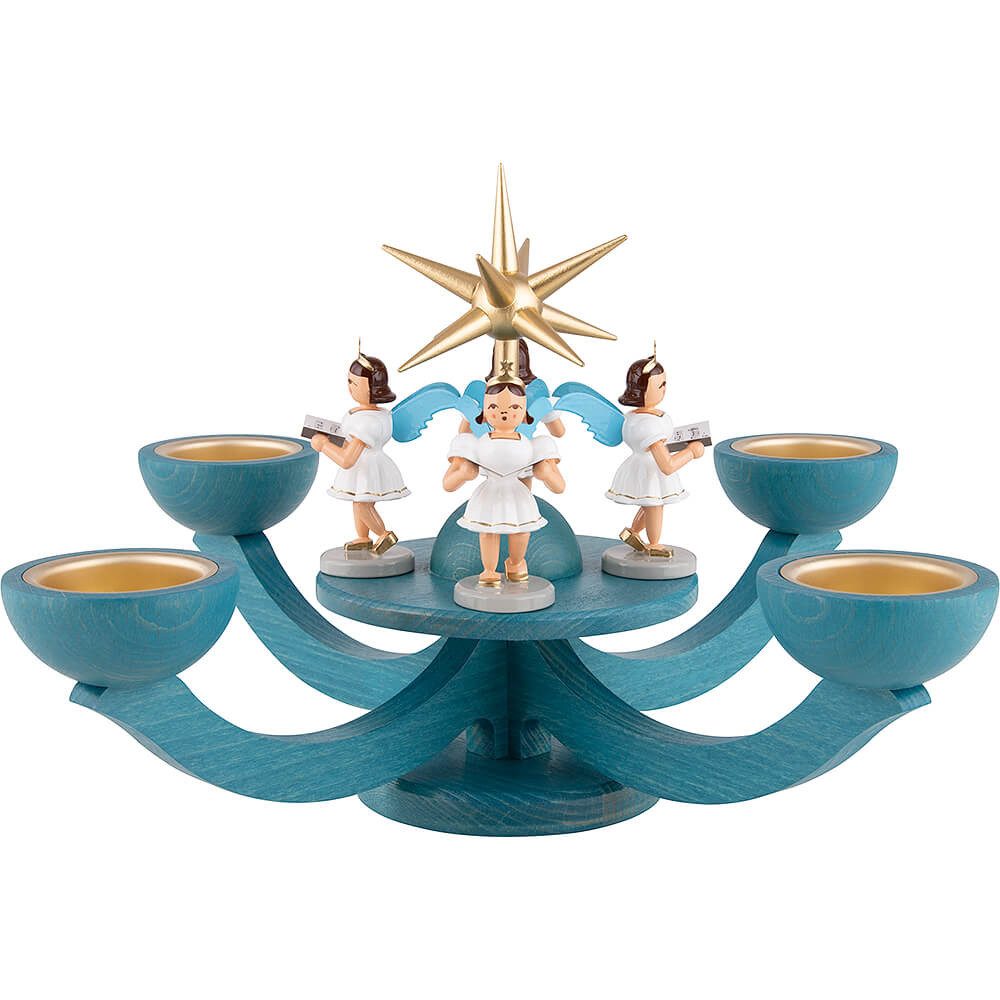 Blank Kunstgewerbe Schwibbogen Adventsleuchter blau, mit Teelichthalter und 4 stehenden Engeln (31x31