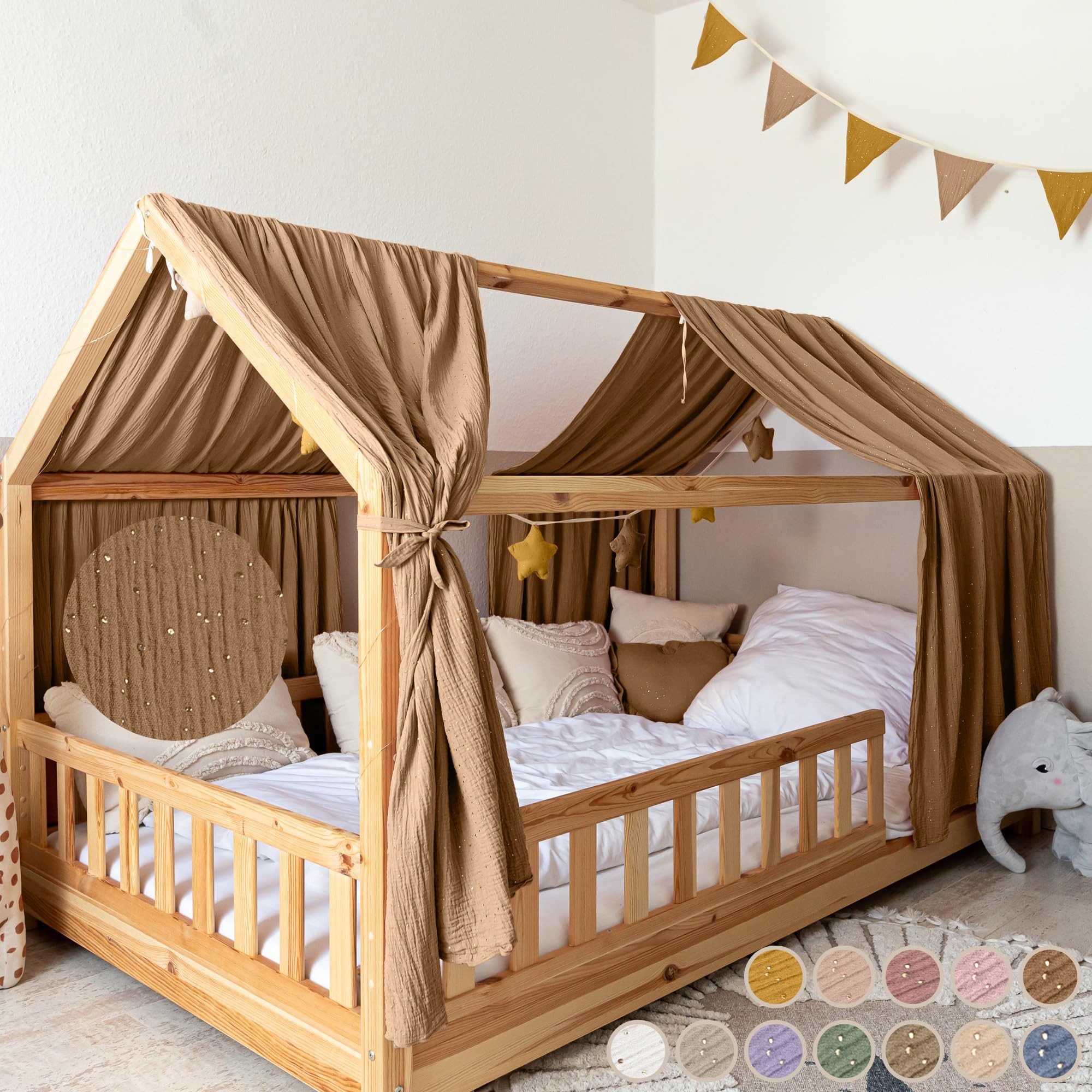 lilimaus Балдахін для ліжка Musselin Hausbett Himmel für Kinderzimmer mit Gold Applikation, Musselin Балдахін для ліжка aus Baumwolle für Kinderzimmer-Deko