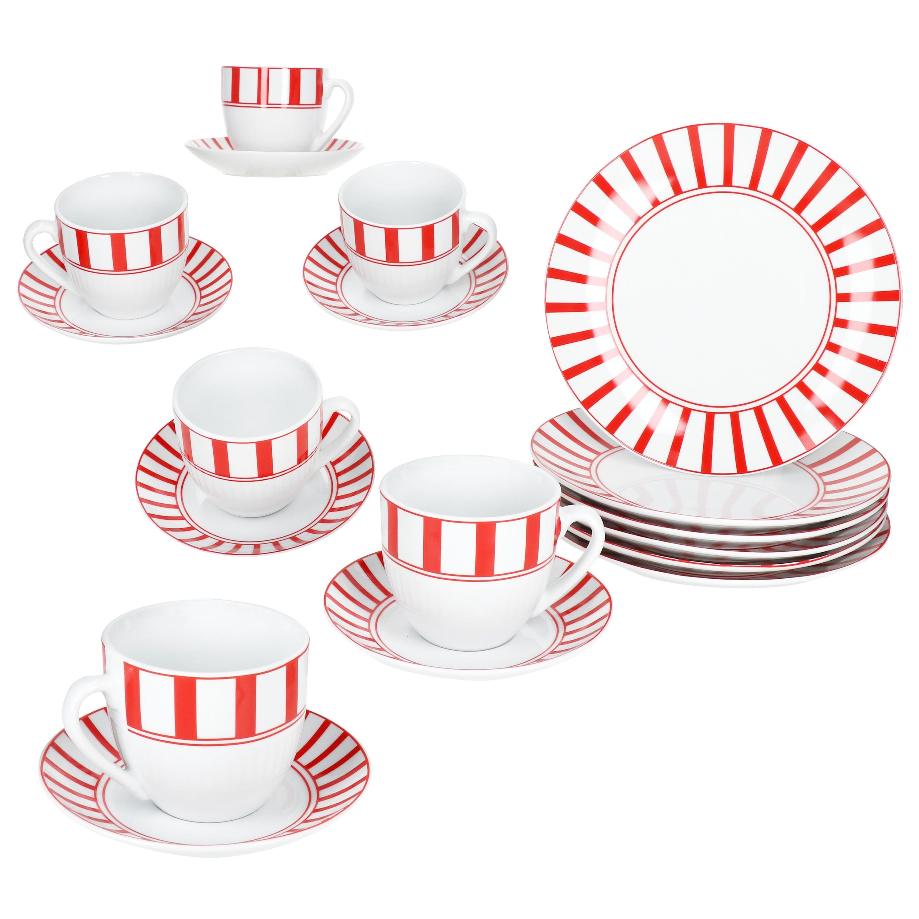 Kaffeeservice 18tlg Kaffeeservice Split rot Porzellan 6 Pers. Tasse Teller Streifen
