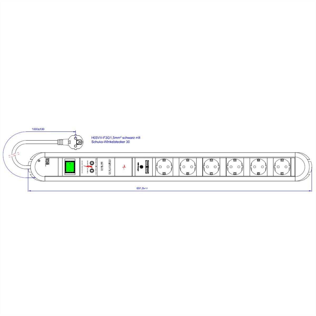 Schalter, Gerätevollschutz, USB-Charger PRIMO Bachmann Schutzkontakt 6x Steckdosenleiste Steckdosenleiste 1.75 (Kabellänge m),