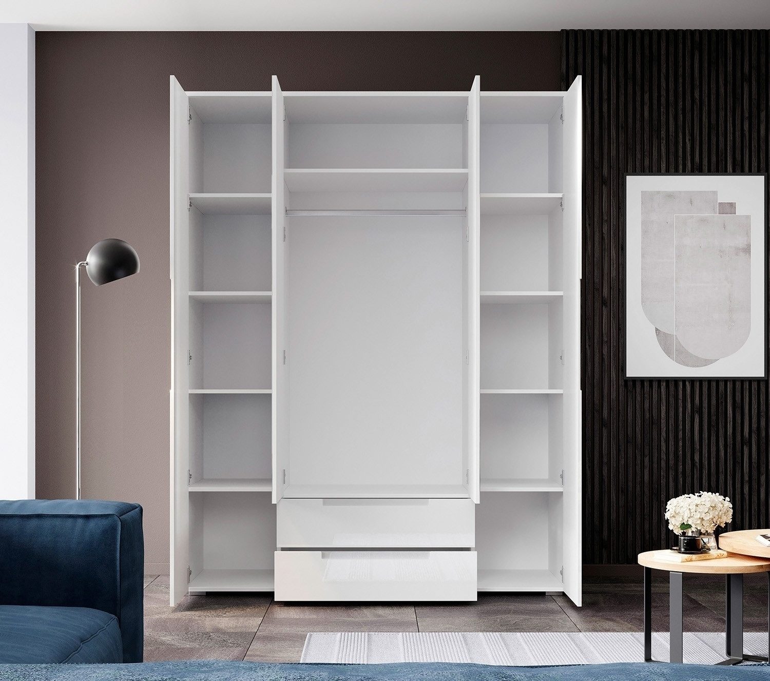 Pol-Power Drehtürenschrank Kleiderschrank SPICE, B 160 cm x H 208 cm, Weiß Hochglanz, 4 Türen, 2 Schubladen, mit Spiegel