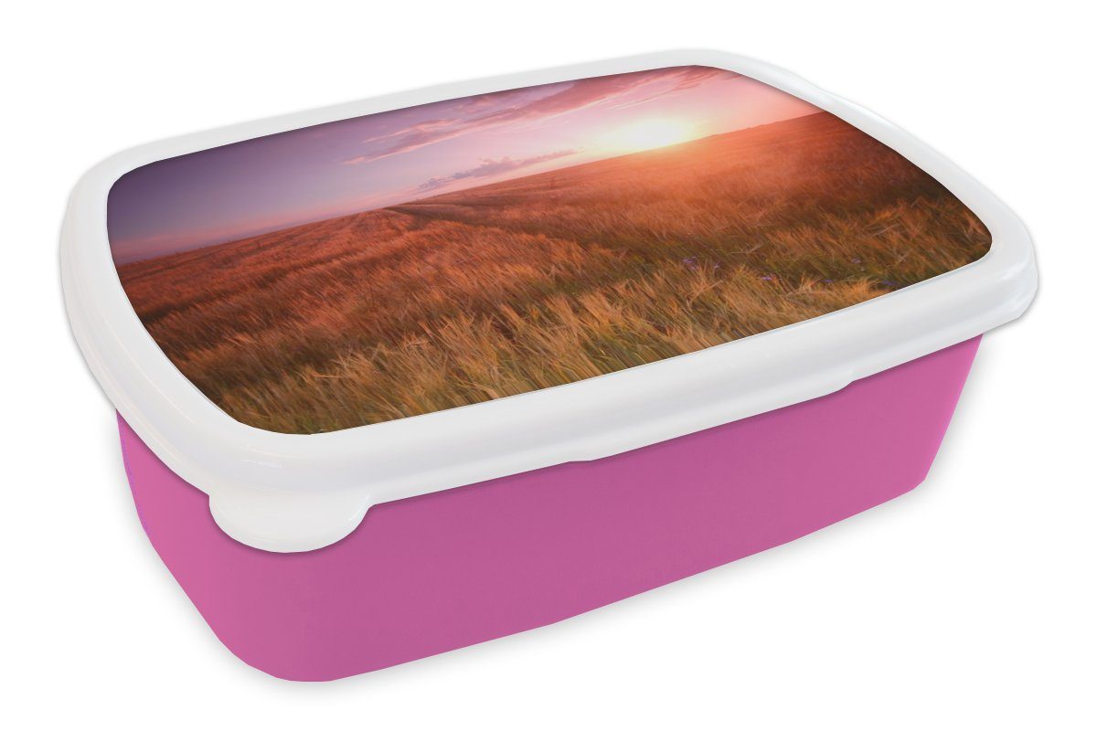 MuchoWow Lunchbox Wiese - Sonne - Abend - Landschaft, Kunststoff, (2-tlg), Brotbox für Erwachsene, Brotdose Kinder, Snackbox, Mädchen, Kunststoff rosa