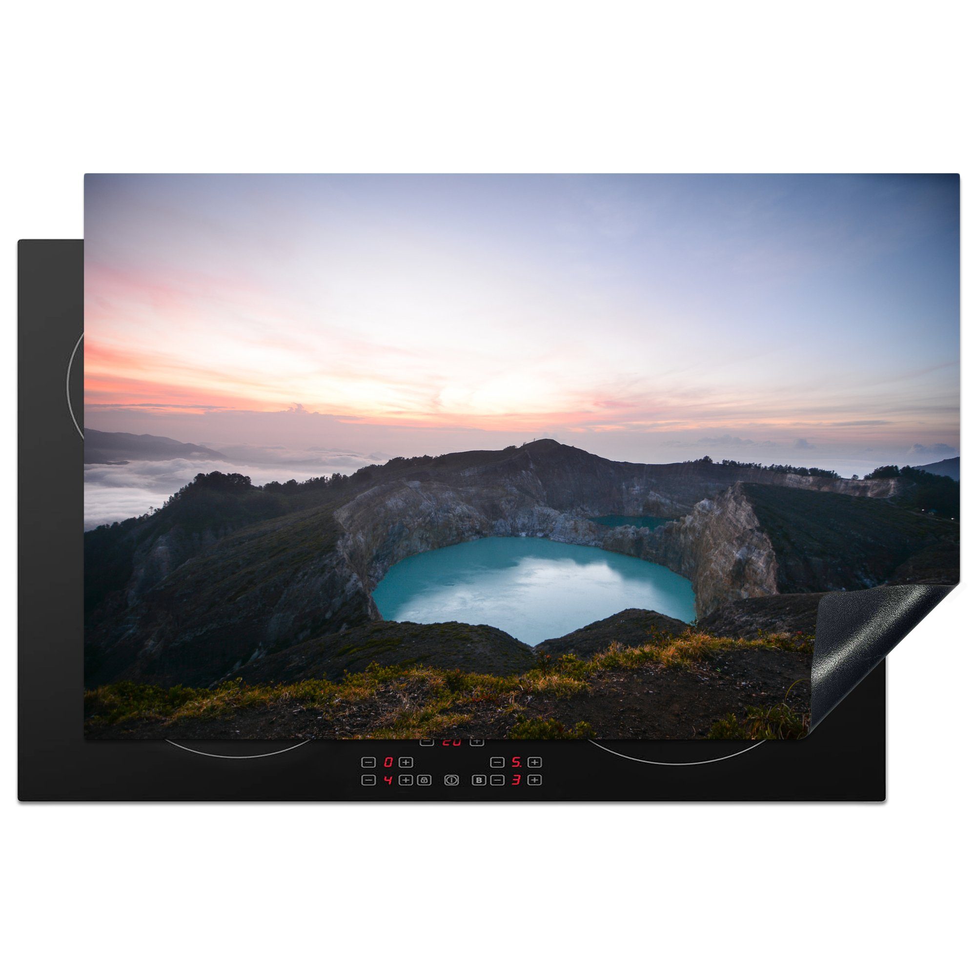 MuchoWow Herdblende-/Abdeckplatte Sonnenaufgang am Kelimutu-Vulkan im Kelimutu-Nationalpark, Vinyl, (1 tlg), 81x52 cm, Induktionskochfeld Schutz für die küche, Ceranfeldabdeckung